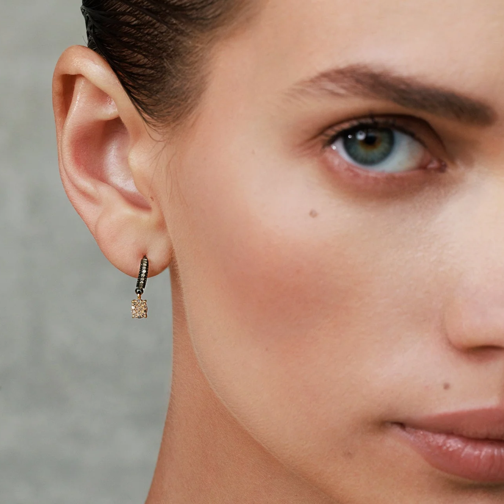 Mixed Metal Vermeil &amp; Ruthenium Pave Diamond Half Hoop Earrings with Polki Diamond Dangles