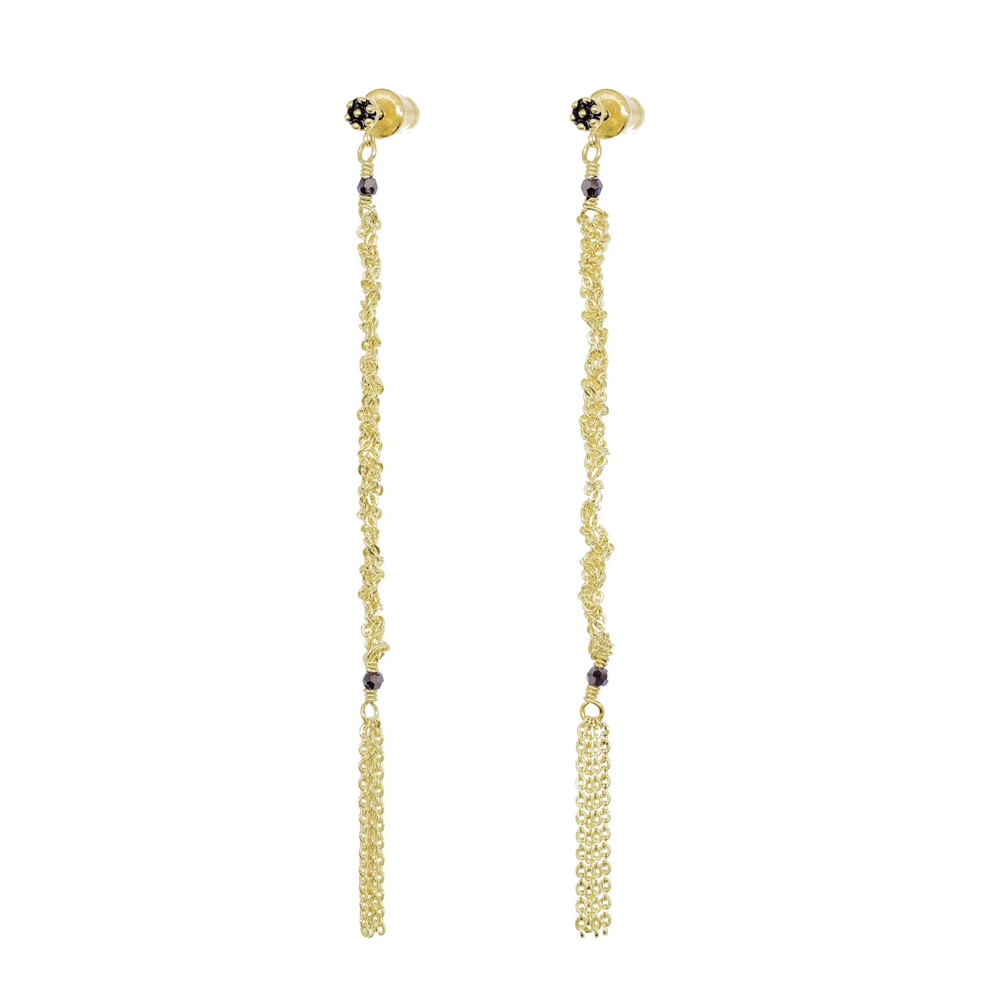 Gold Vermeil Woven Chain Drop Earrings with Crystal Bead &amp; Chain Fringe Details