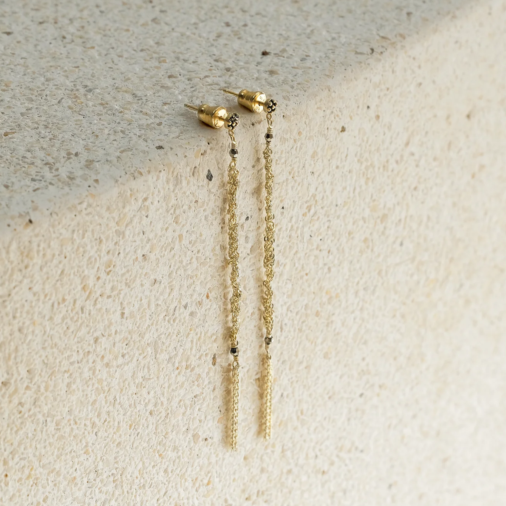 Gold Vermeil Woven Chain Drop Earrings with Crystal Bead &amp; Chain Fringe Details