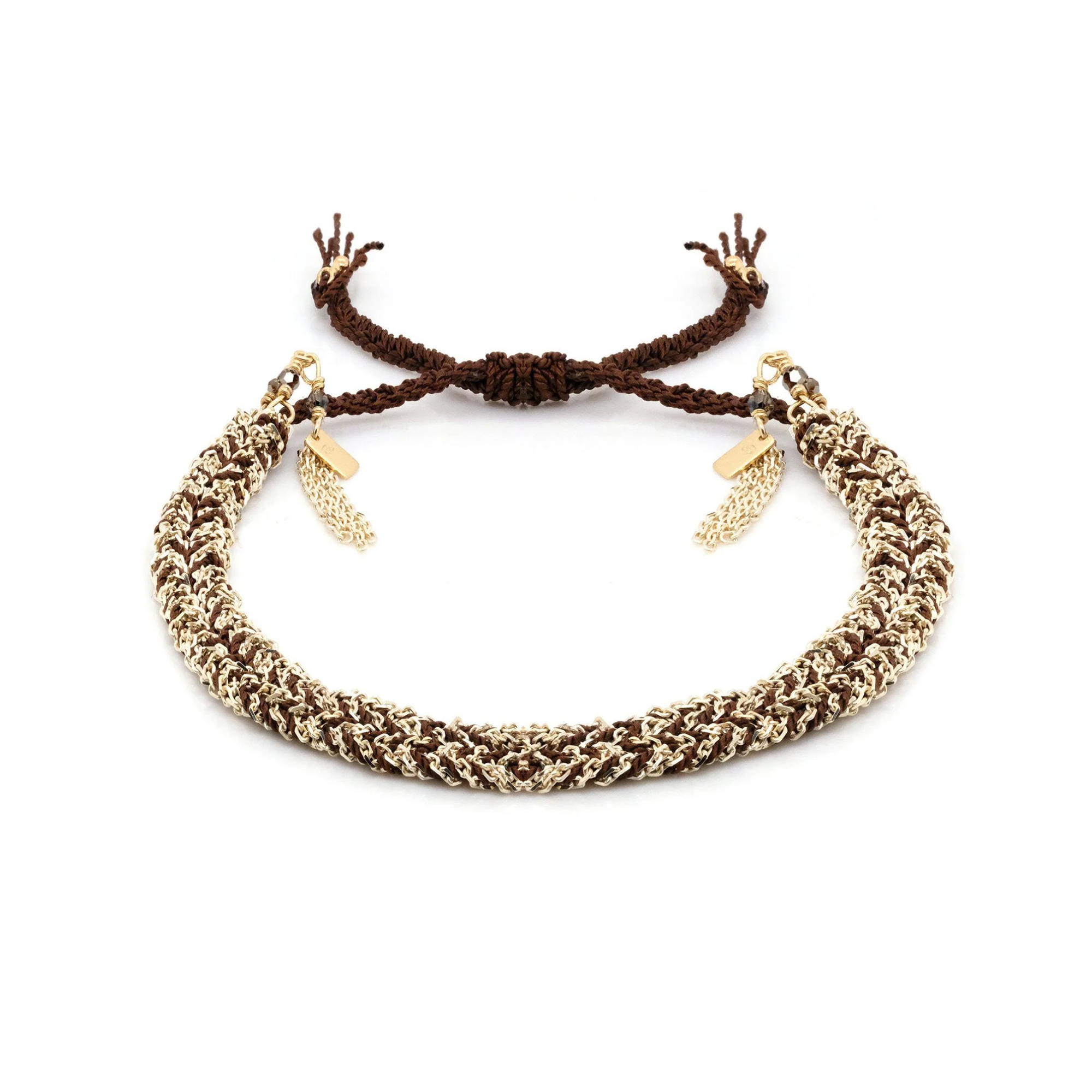 Brown Silk and Vermeil Chain Woven Bracelet