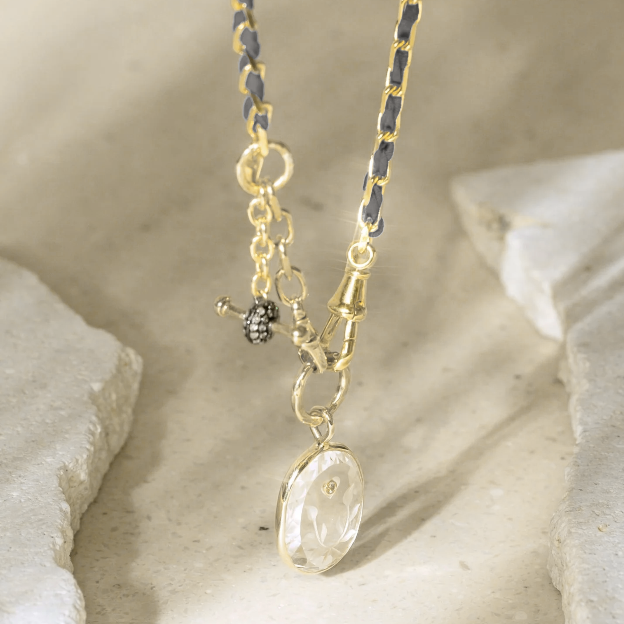 Vermeil Heavy Rectangular Link Chain &amp; Grey Silk Woven Necklace with Engraved Rock Crystal Medallion Pendant