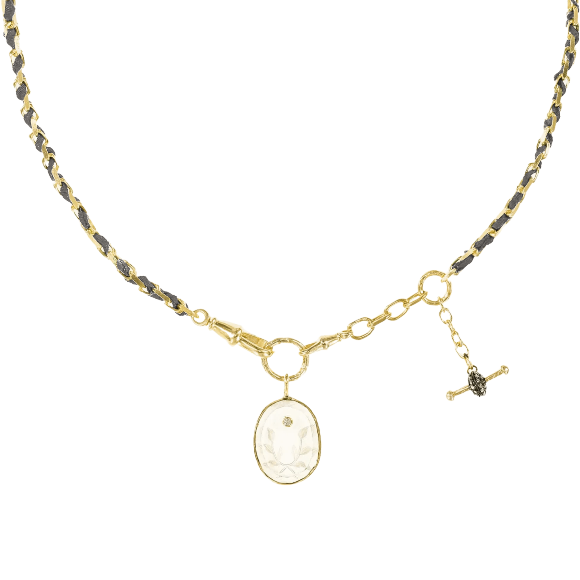 Vermeil Heavy Rectangular Link Chain &amp; Grey Silk Woven Necklace with Engraved Rock Crystal Medallion Pendant