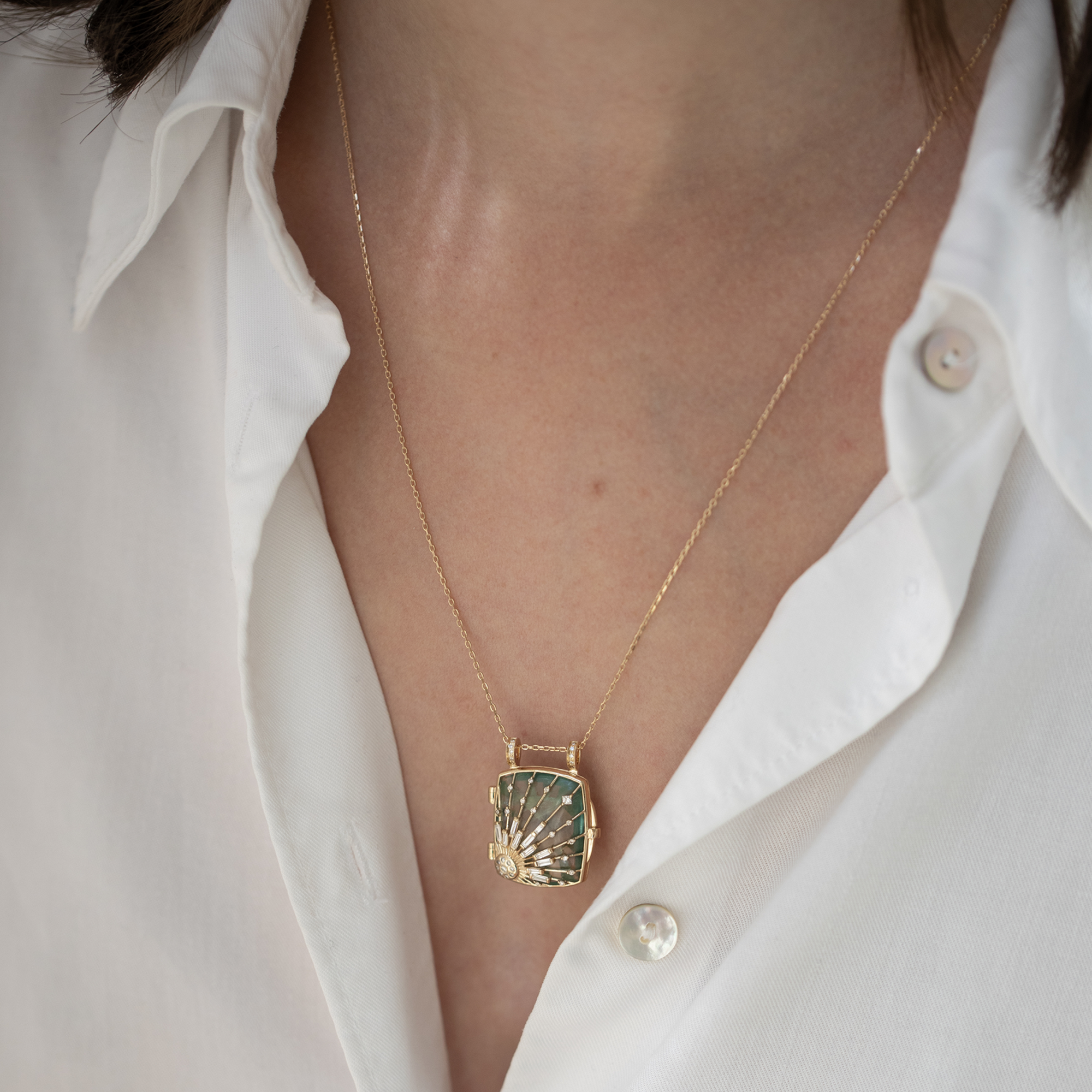 14K &amp; Fluorite "Sun &amp; Diamonds" Locket Necklace
