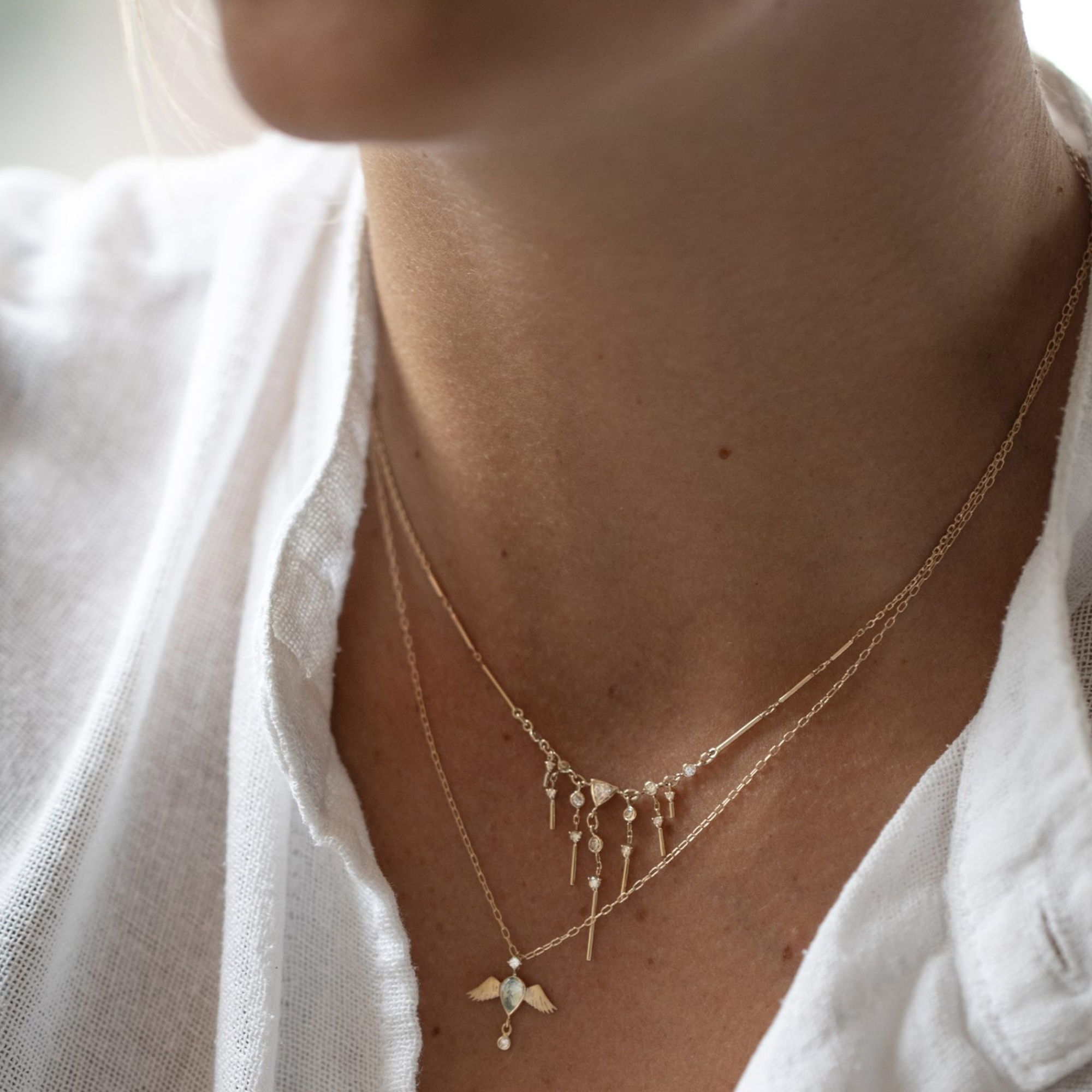 14K "Dream Maker" Trillion Diamond Necklace with Dangling Bar &amp; Diamond Details