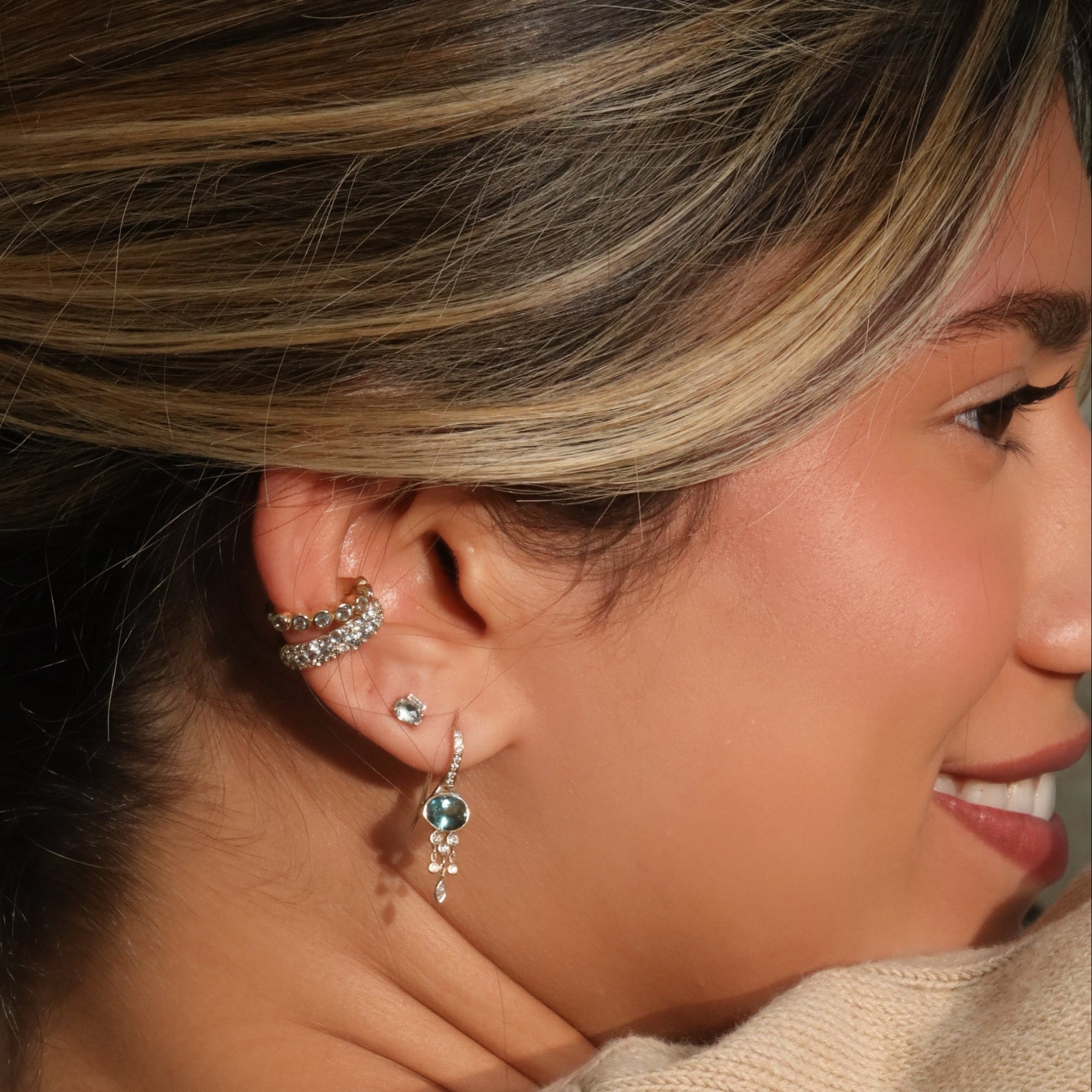 14K &amp; Watermelon Tourmaline Stud Earring with Baguette Diamond Detail