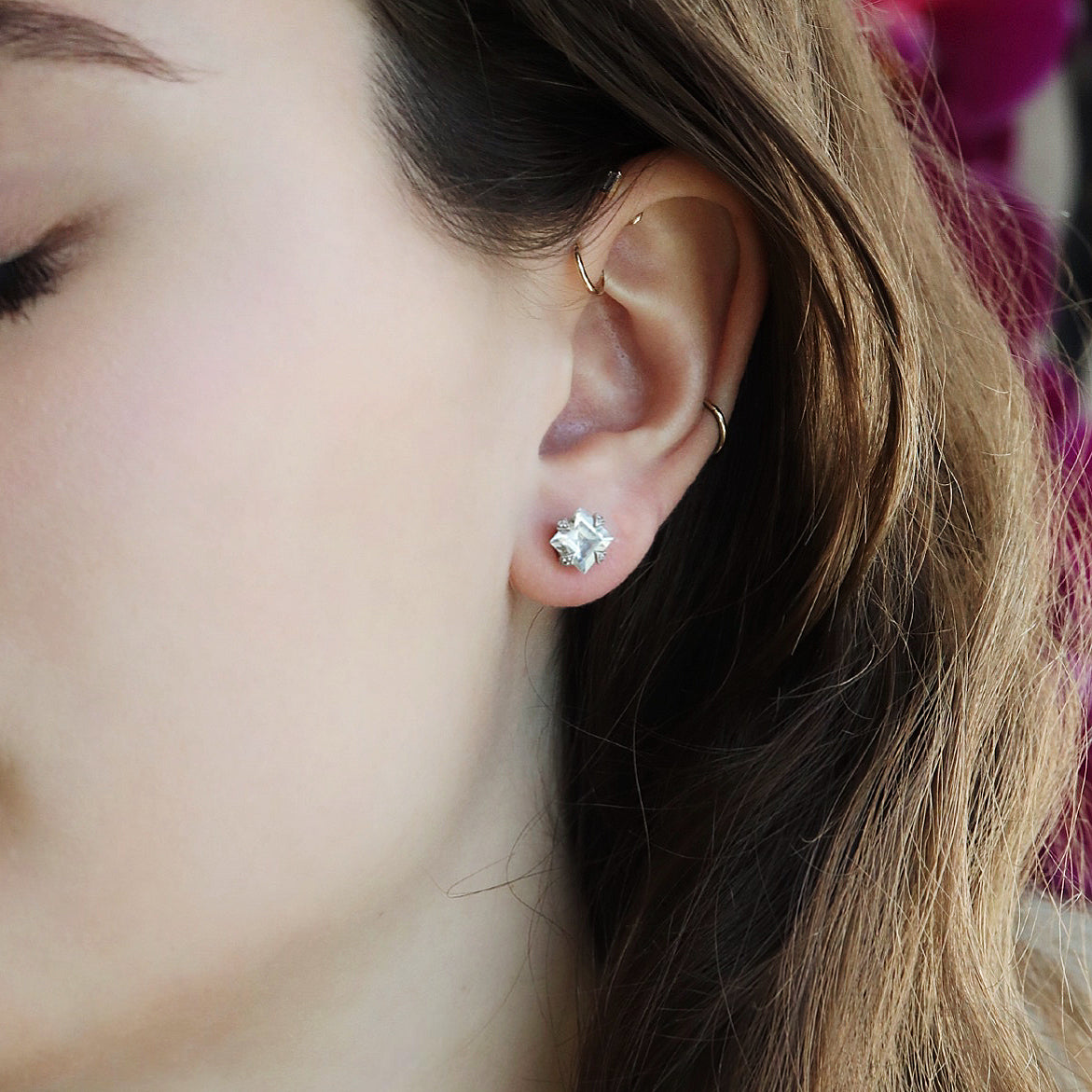Platinum Prong-Set Square Aquamarine Amethyst &quot;Thorn&quot; Post Earrings