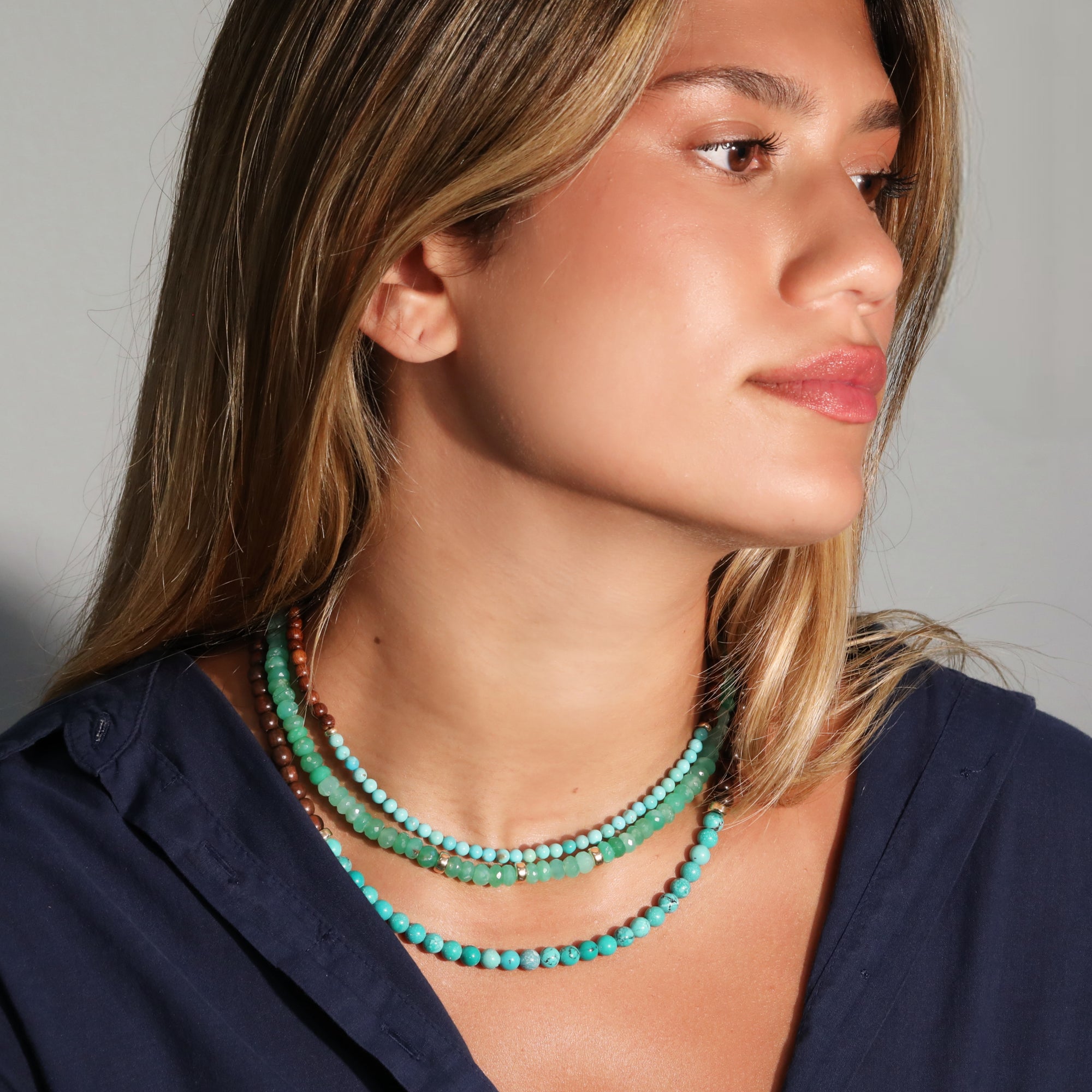 Smaller Turquoise &amp; Wood Beaded Necklace with 14K Accent Beads &amp; Clasp