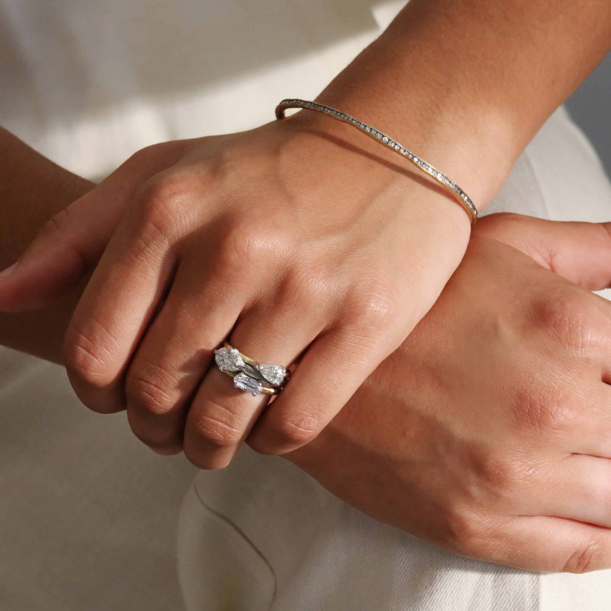 18K &amp; Platinum Horizontal Step-Cut "Moval" Diamond Ring