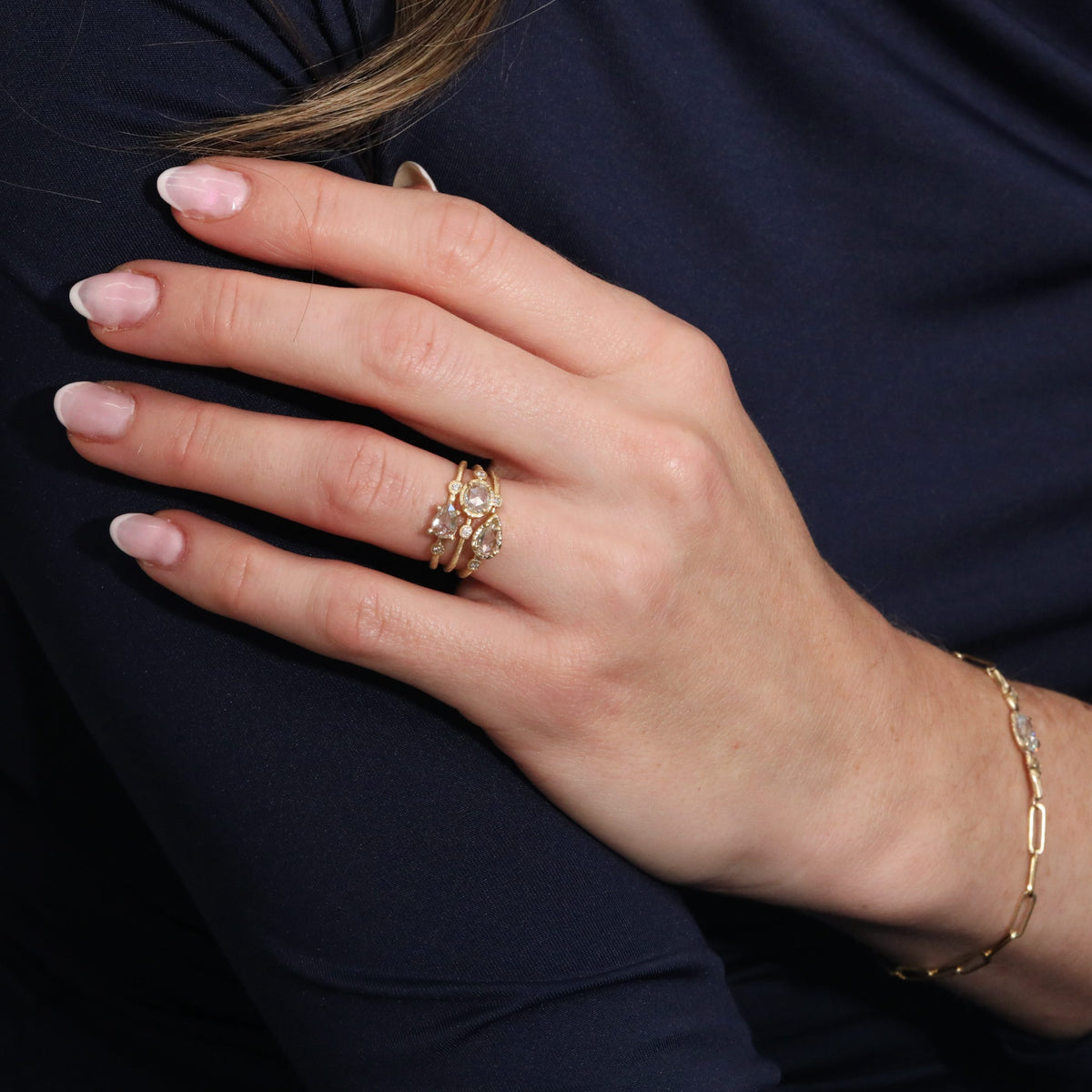 18K &amp; Sideways Elongated Pear-Shaped Rosecut Grey Diamond Ring with Diamond Shoulder Details