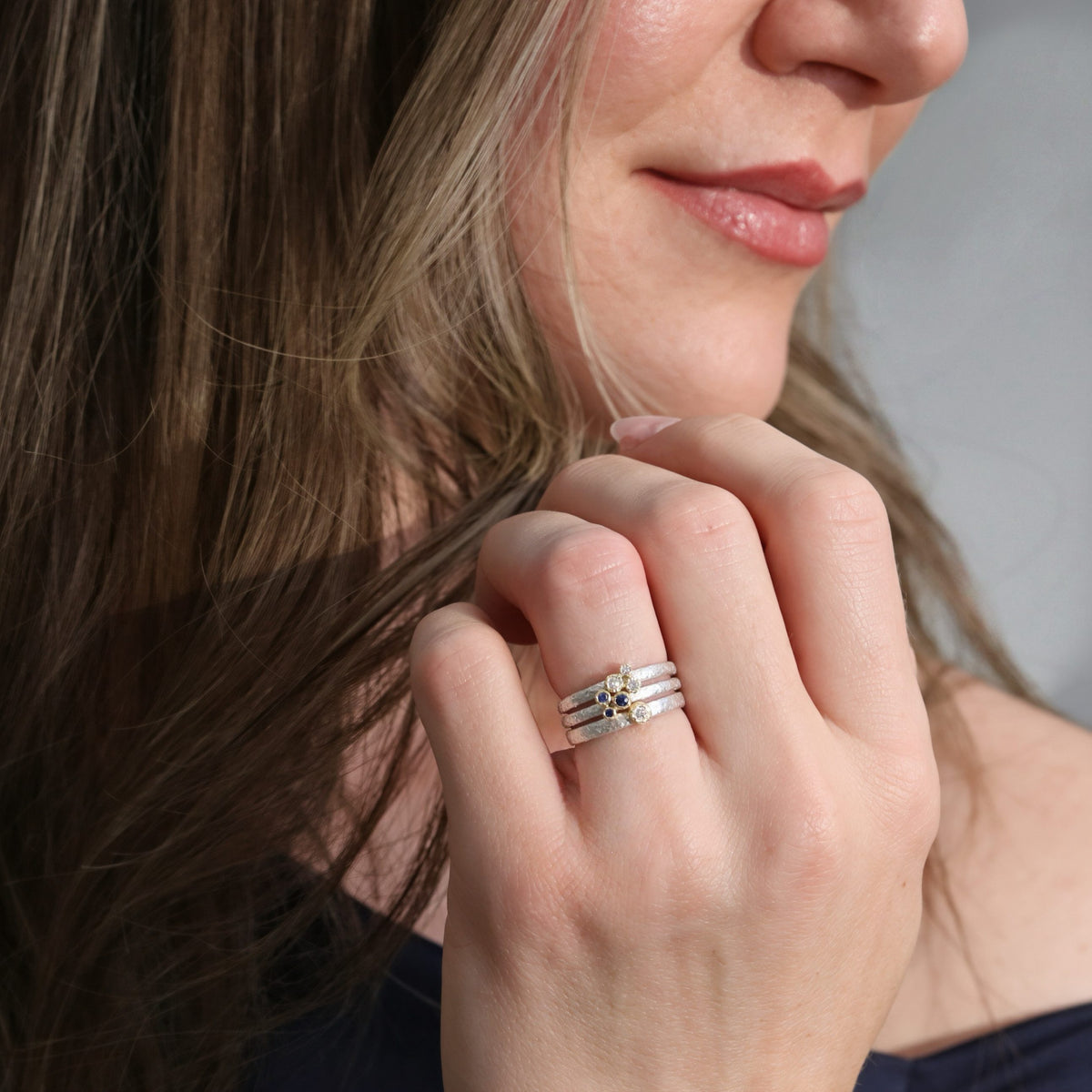 Sterling Silver &amp; 18K Bezel-Set Diamond Textured Ring