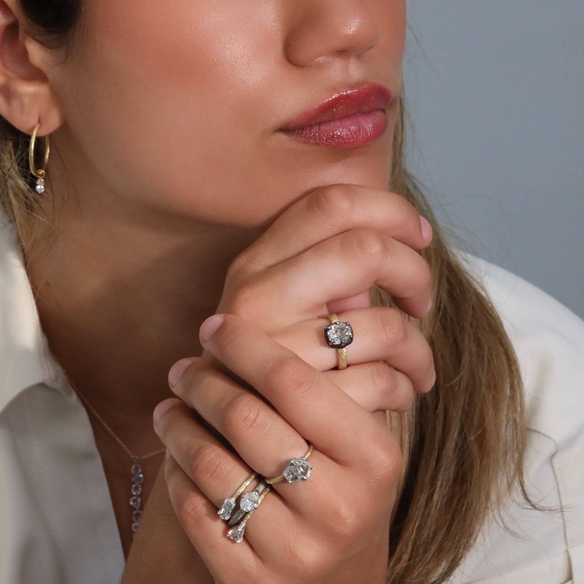 18K &amp; Platinum Horizontal Step-Cut "Moval" Diamond Ring
