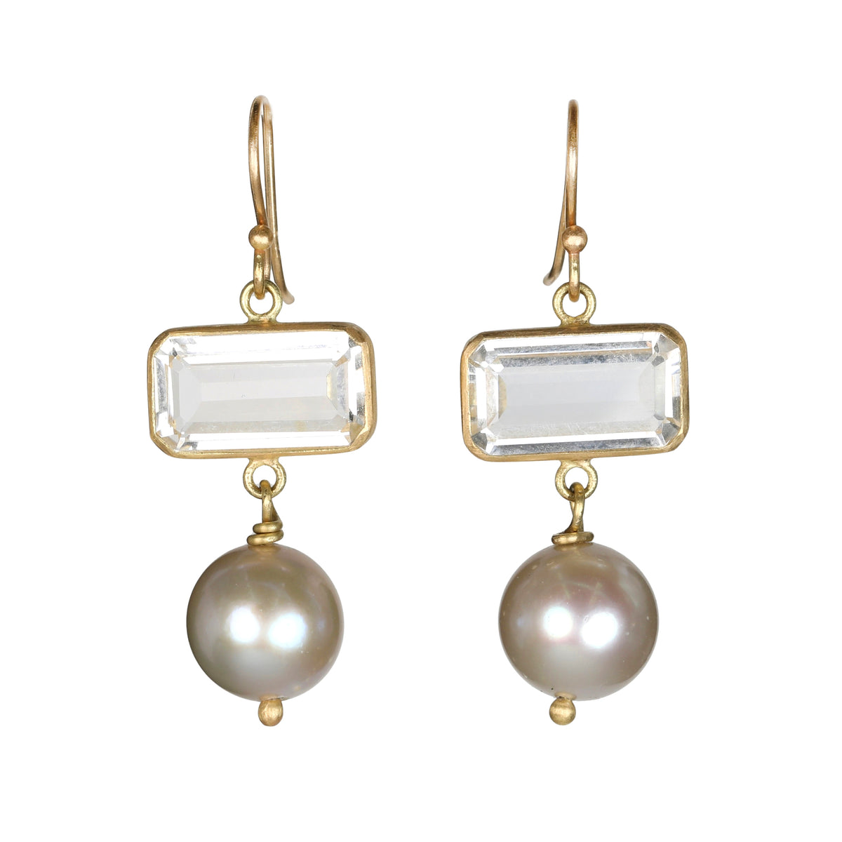 18K &amp; 14K East-West Emerald-Cut White Topaz Earrings with Silver Pearl Drops