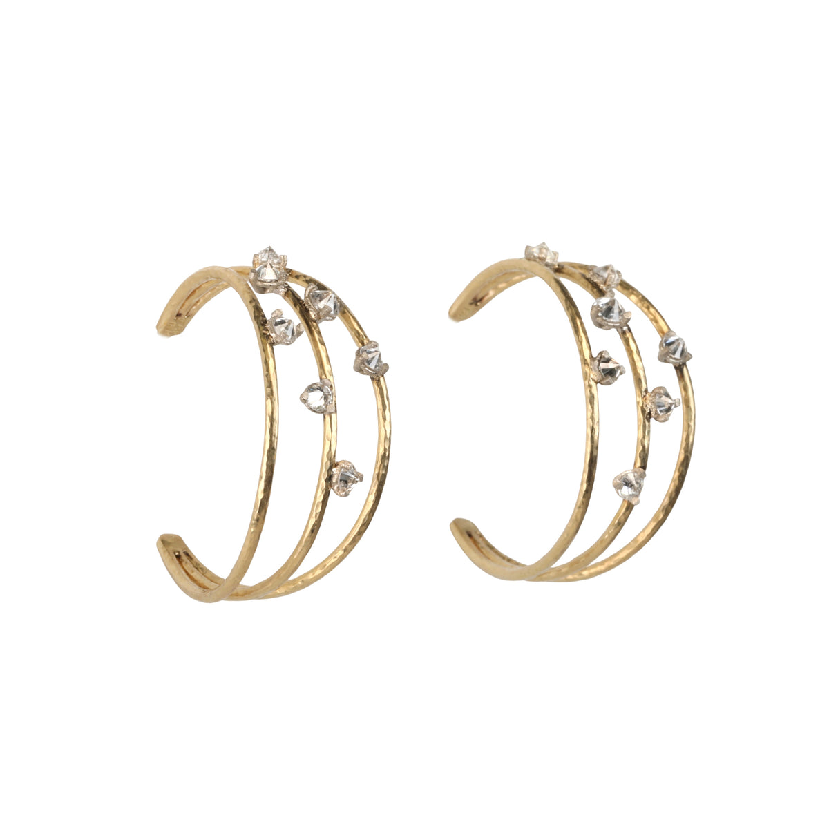 18K &amp; 14K Triple Row Cut-Out Wire Hoop Earrings with Scattered Inverted Diamonds