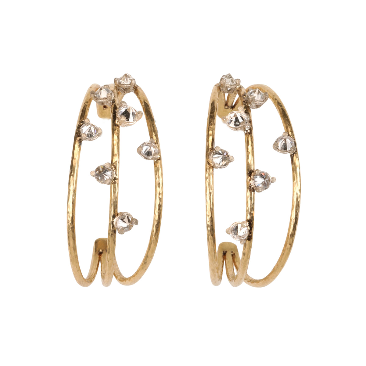 18K &amp; 14K Triple Row Cut-Out Wire Hoop Earrings with Scattered Inverted Diamonds