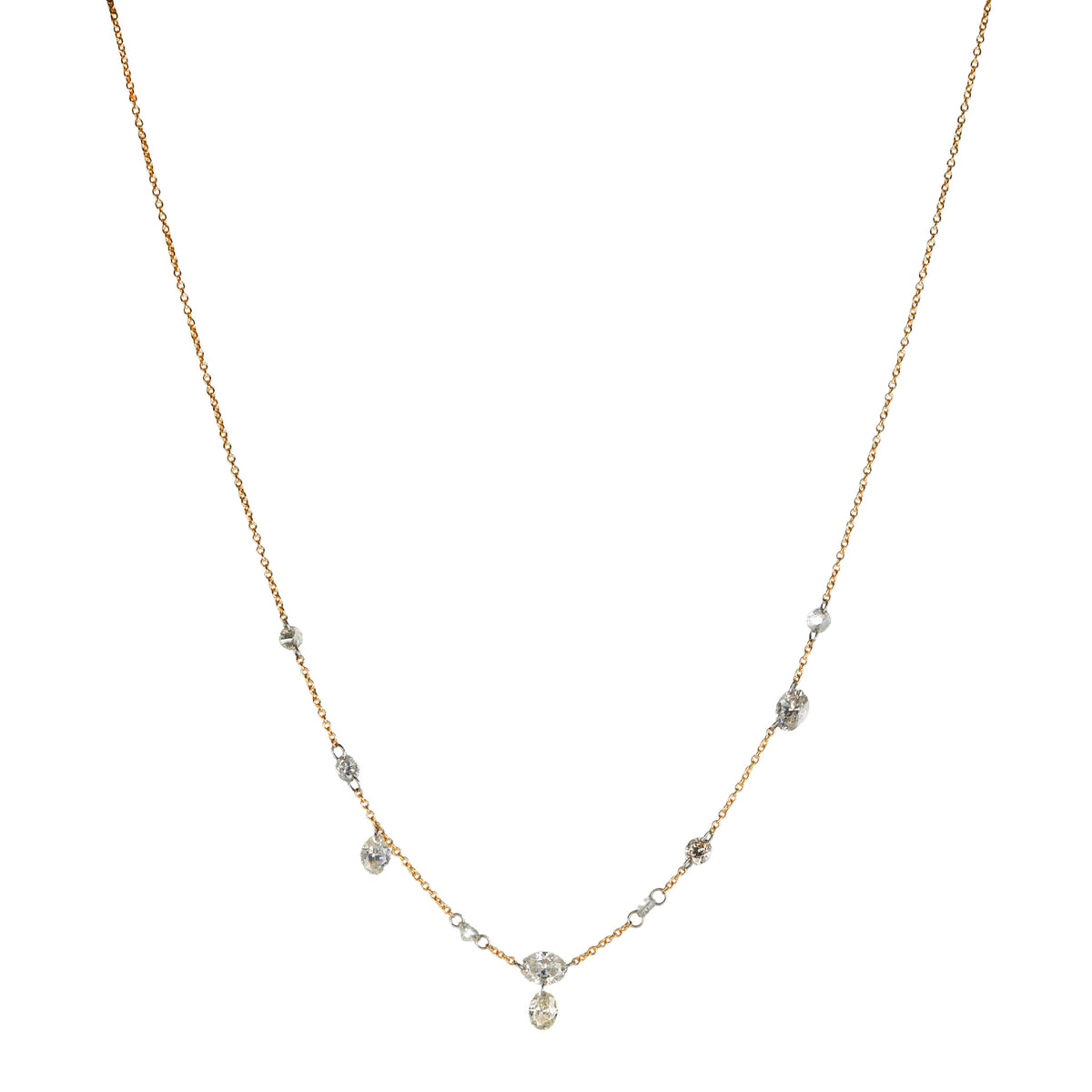 18K &amp; ~2.6ct Free-Set Round and Oval Shaped Diamond Necklace