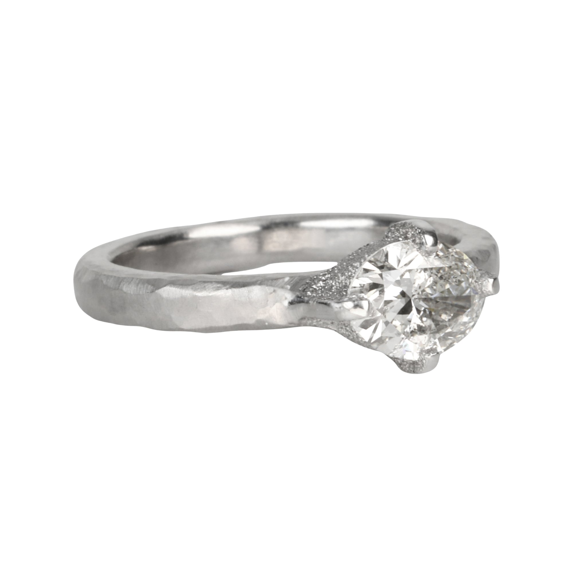 Platinum Prong-Set Horizontal Oval Diamond Ring with Hammered Texture