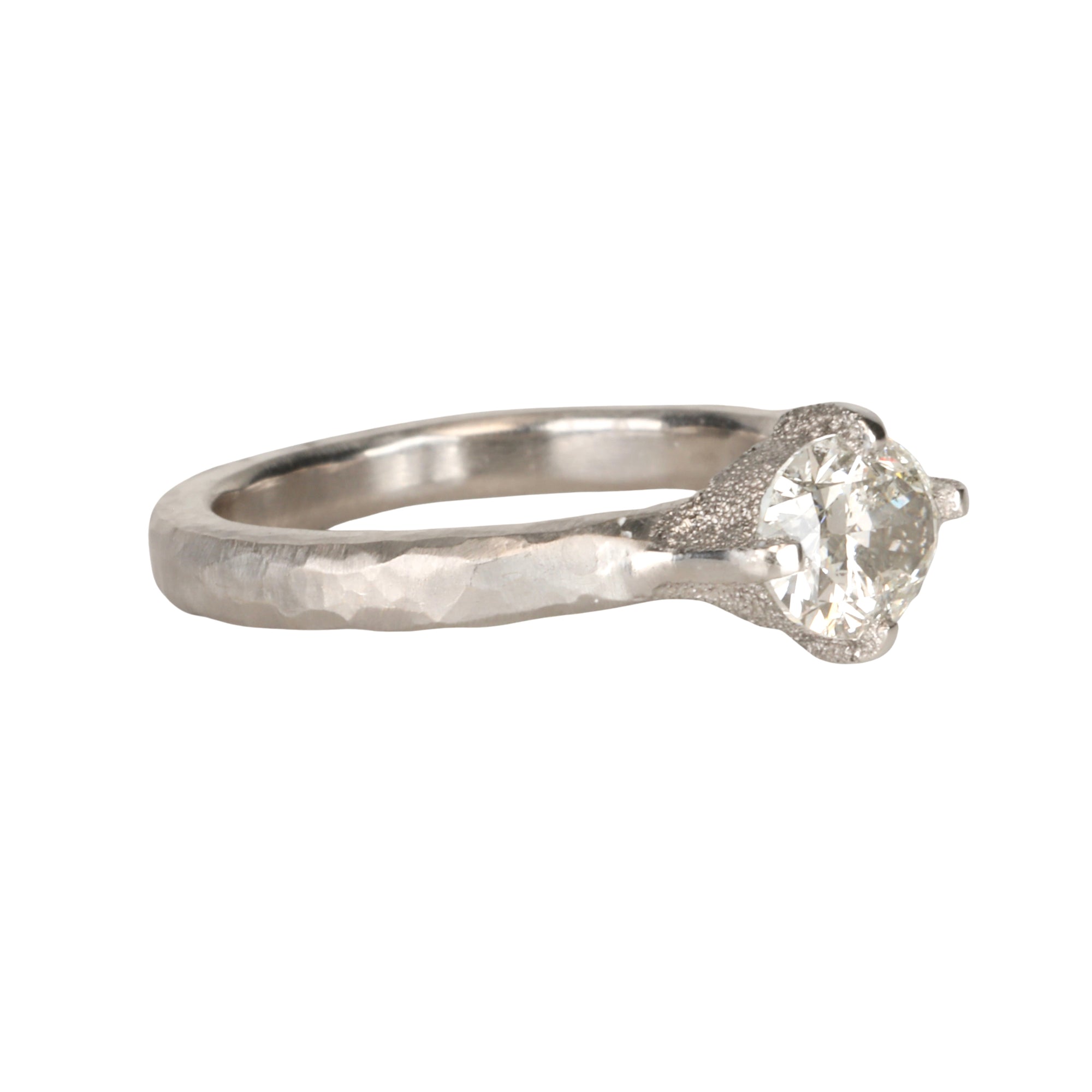 Platinum Prong-Set Horizontal Oval Diamond Ring with Hammered Texture