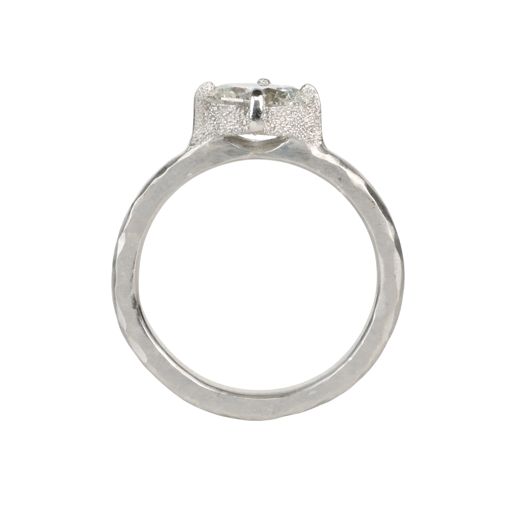 Platinum Prong-Set Horizontal Oval Diamond Ring with Hammered Texture