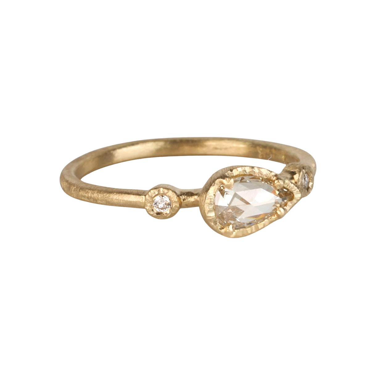 18K &amp; Sideways Elongated Pear-Shaped Rosecut Grey Diamond Ring with Diamond Shoulder Details