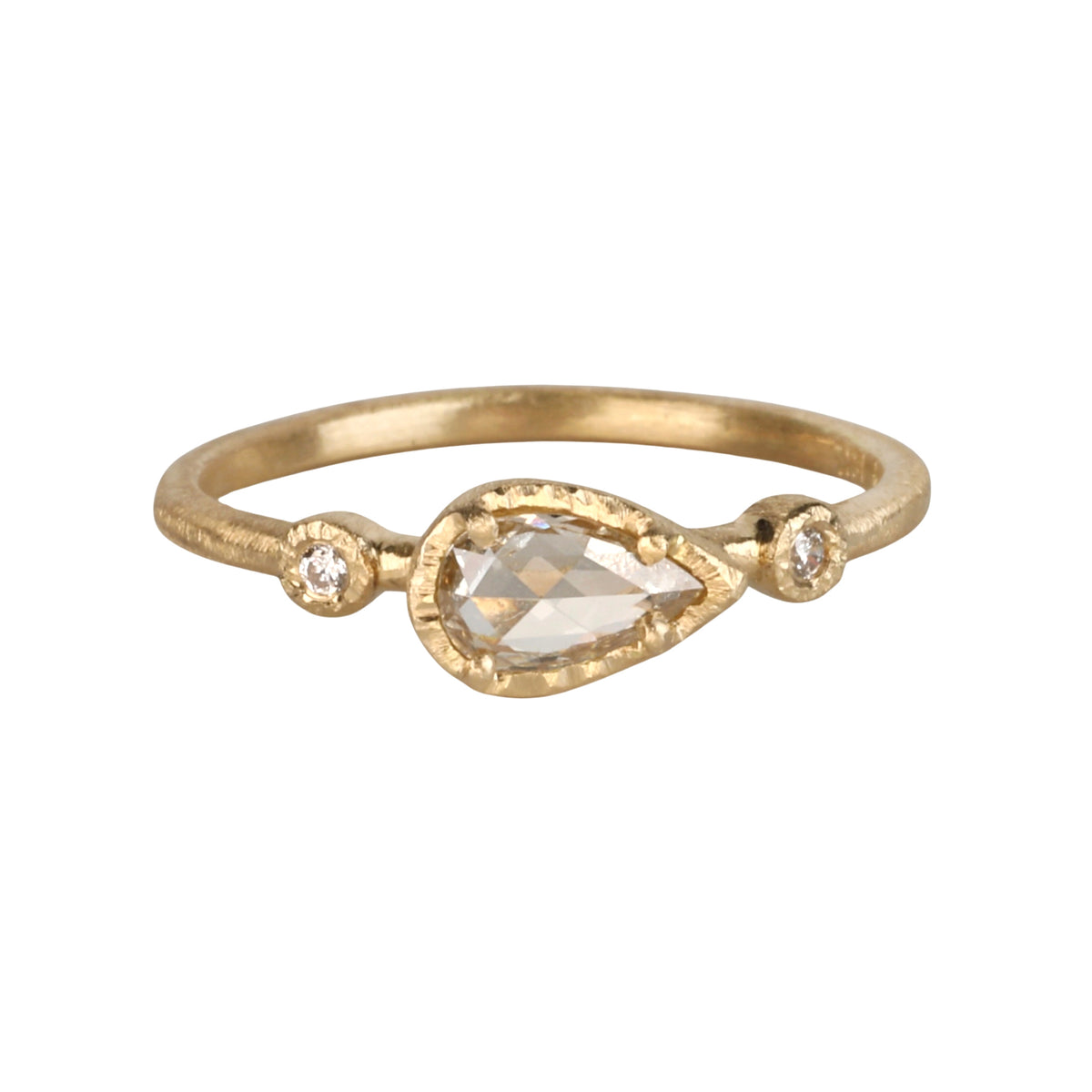 18K &amp; Sideways Elongated Pear-Shaped Rosecut Grey Diamond Ring with Diamond Shoulder Details