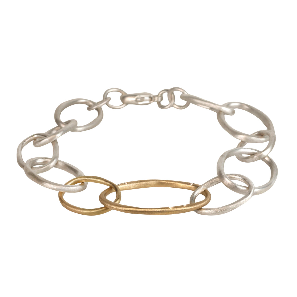 Sterling Silver &amp; 18K Large Oval Link Chain "Dew" Bracelet with Diamond Details