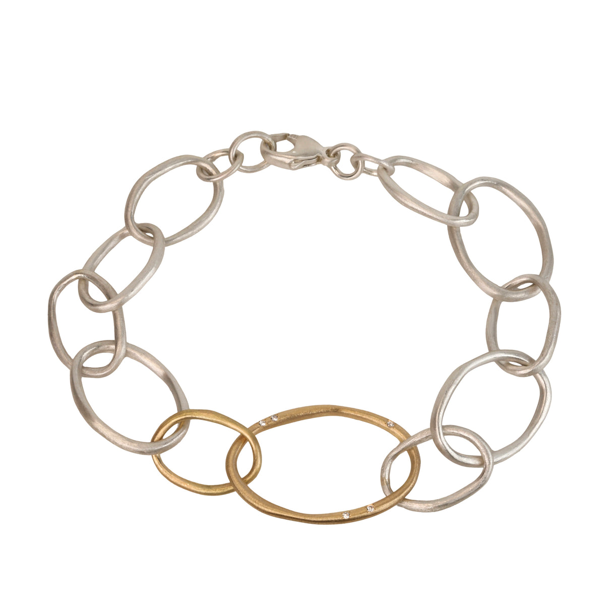 Sterling Silver &amp; 18K Large Oval Link Chain "Dew" Bracelet with Diamond Details