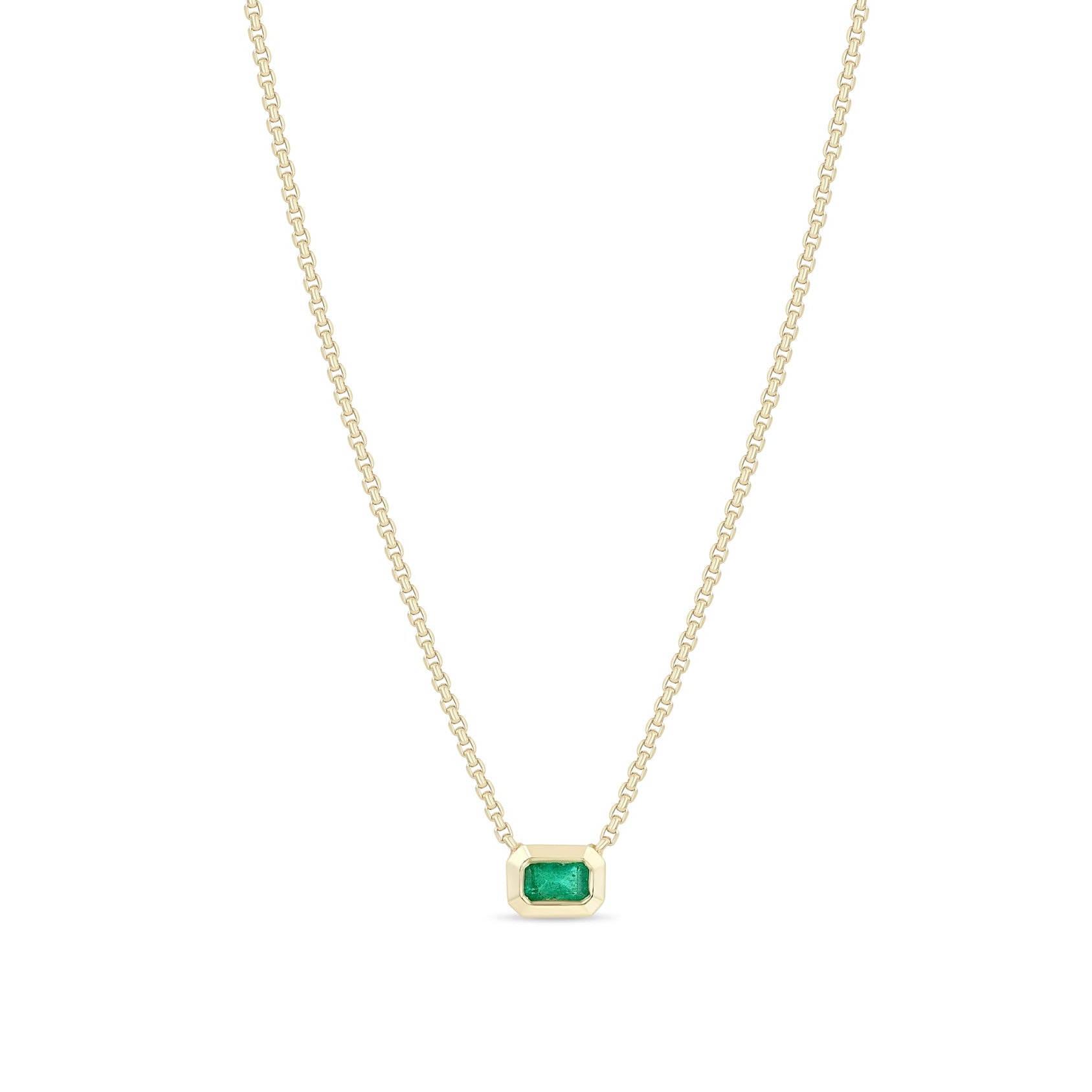 14K Extra Small Box Chain Necklace with Horizontal Bezel-Set Emerald Pendant