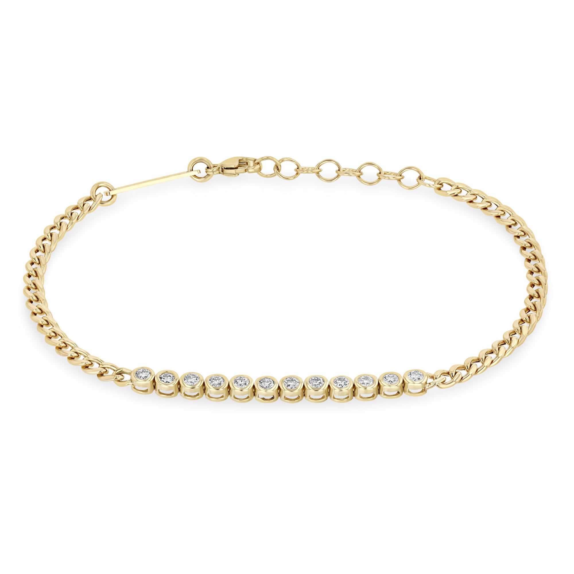14K Small Curb Chain &amp; Bezel-Set Diamond "Tennis Station" Bracelet