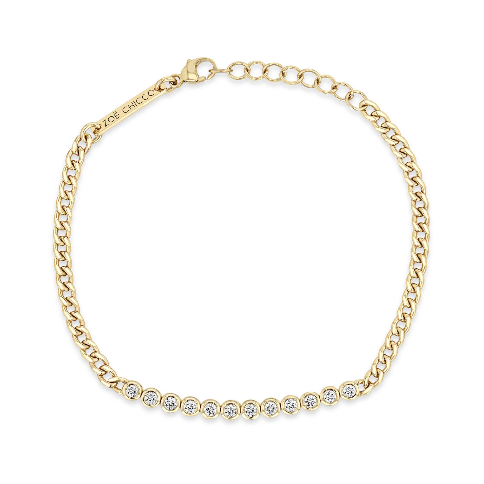 14K Small Curb Chain &amp; Bezel-Set Diamond "Tennis Station" Bracelet