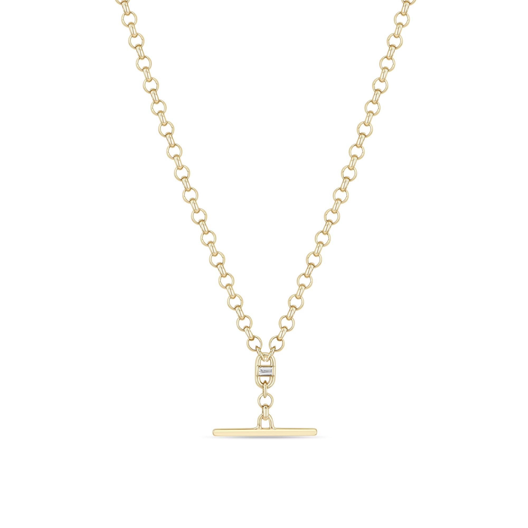 14K Medium Rolo Chain Faux Toggle Lariat Necklace with Baguette Diamond Center Link