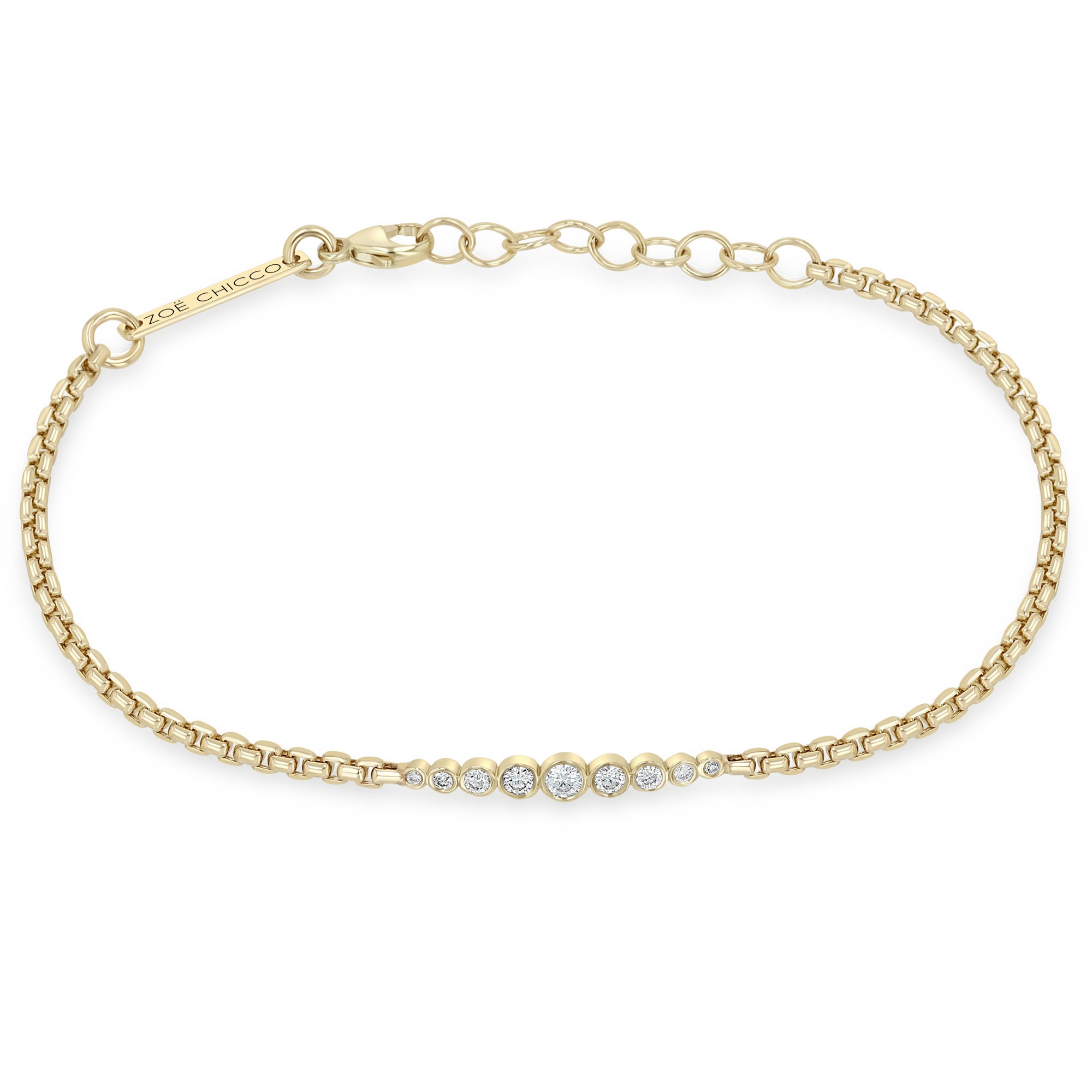 14K Graduated Bezel-Set Diamond &amp; Small Box Chain Bracelet