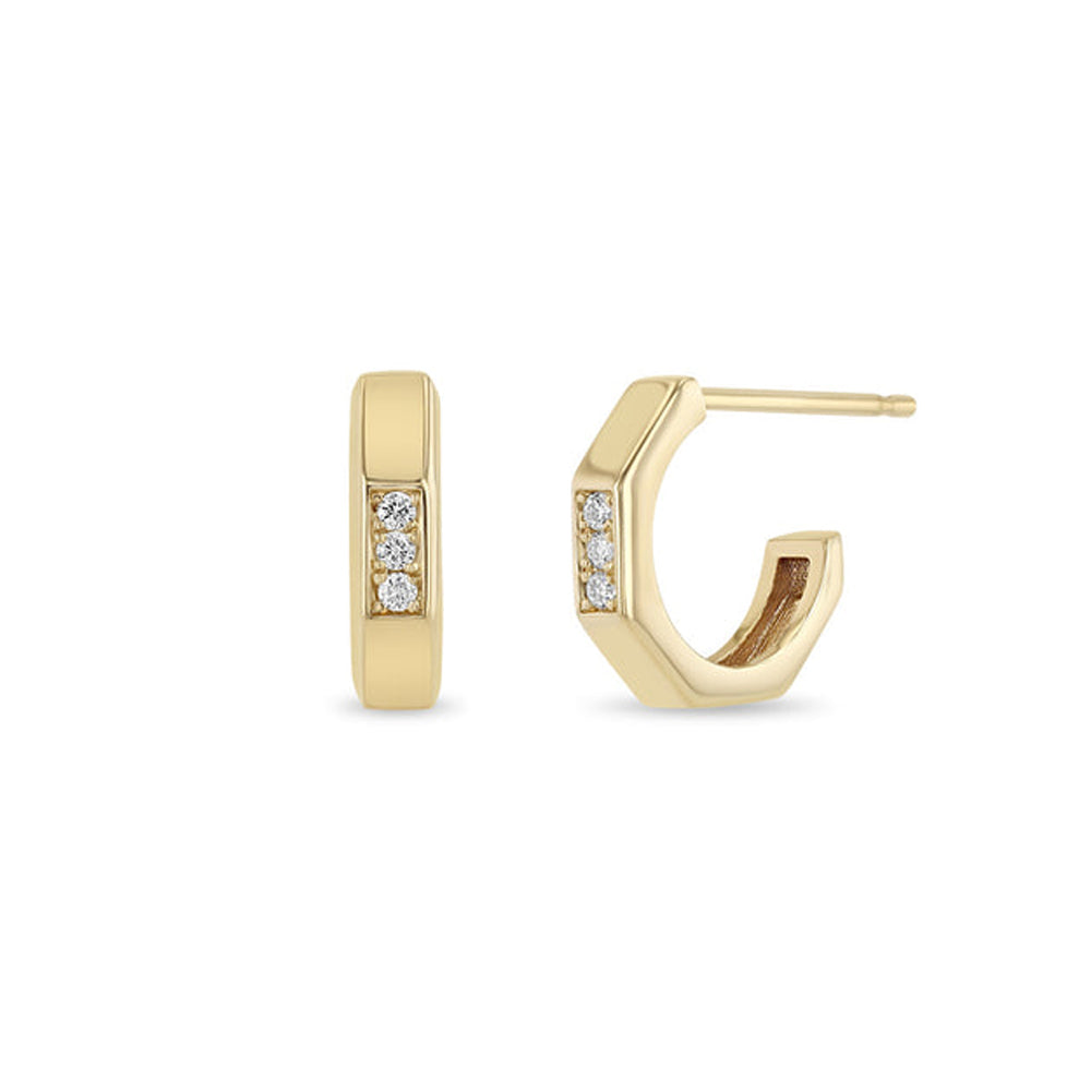 14 Karat Gold Octagon Hoop Earrings Featuring Pave Diamond C...