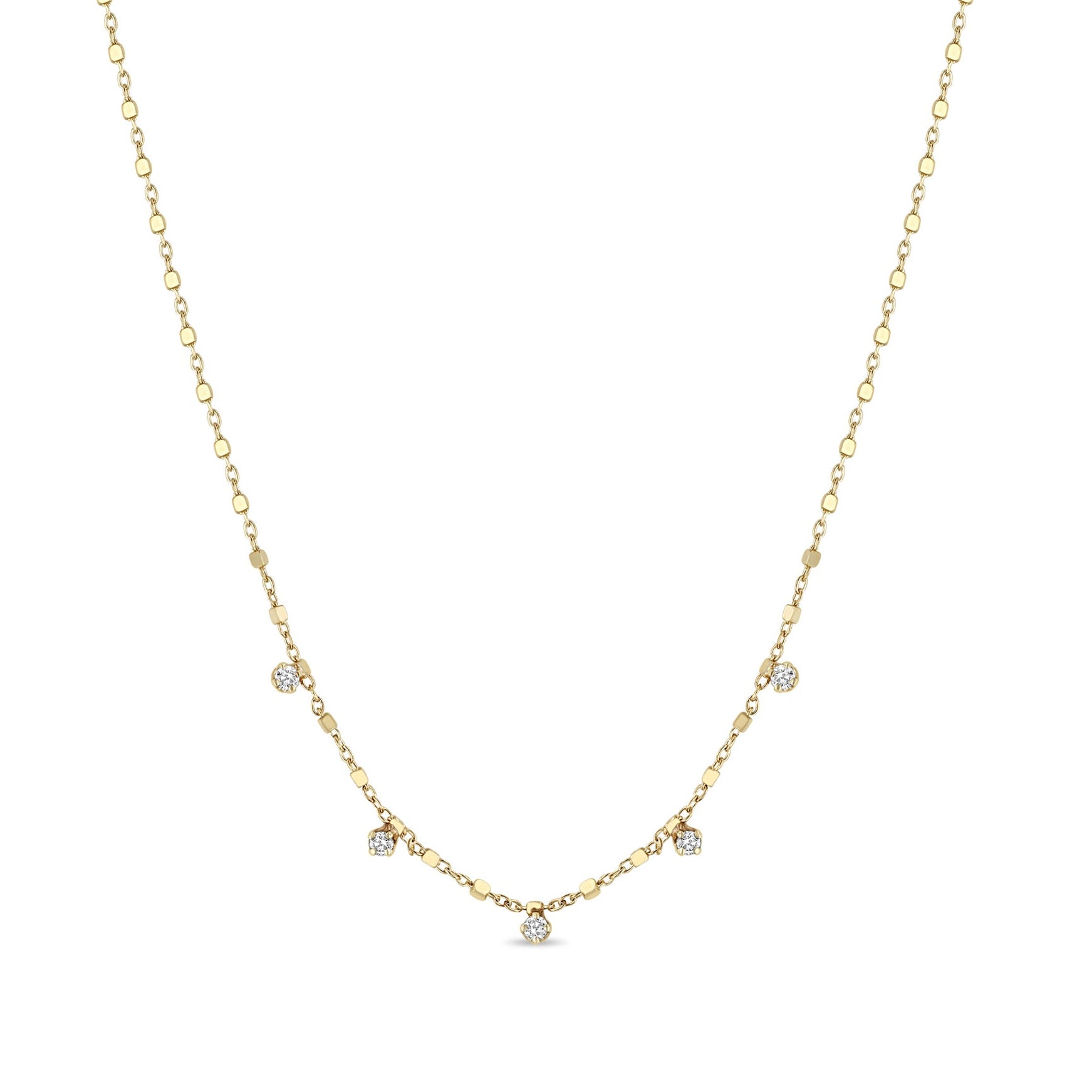 14K Tiny Cable &amp; Square Bead Chain Necklace with Five Prong-Set Diamond Dangles