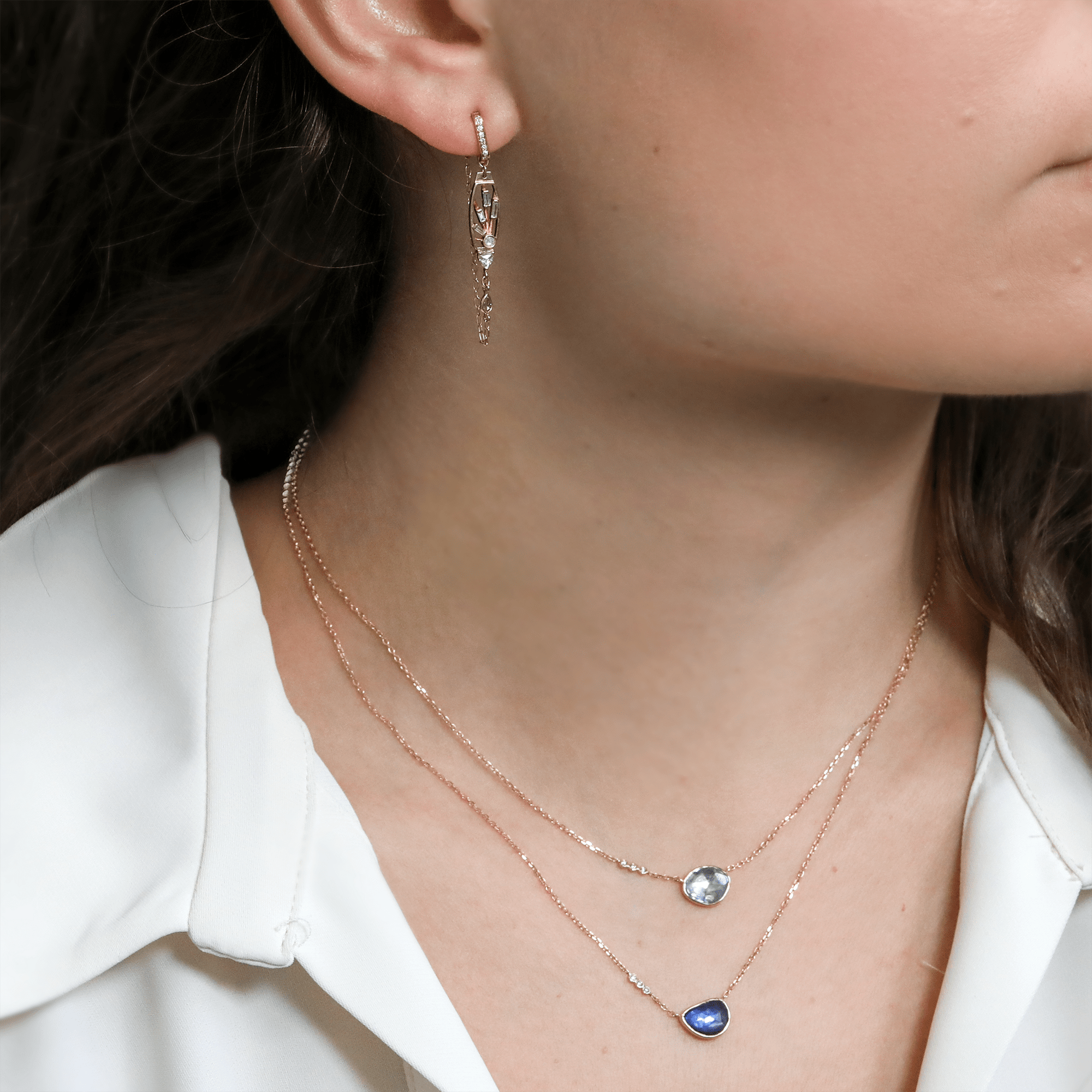 Asymmetrical Blue Sapphire Necklace with Diamond Chain Details - Peridot Fine Jewelry - Celine Daoust