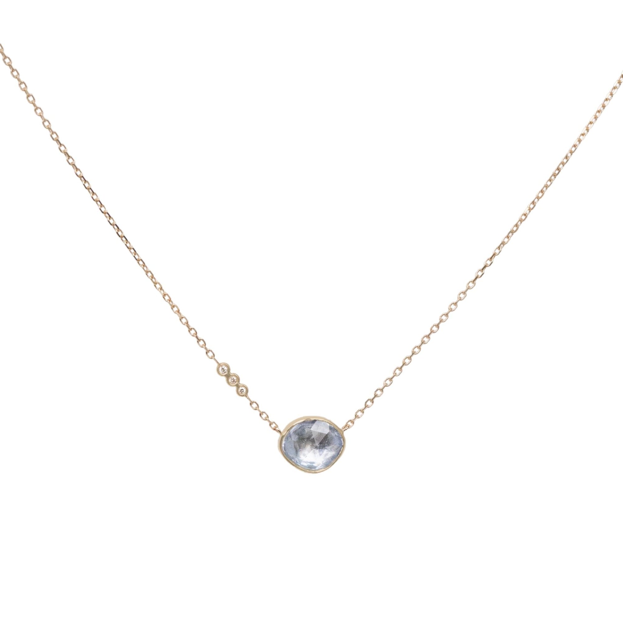 Asymmetrical Icy Blue Sapphire Necklace with Three Diamond Chain Details - Peridot Fine Jewelry - Celine Daoust