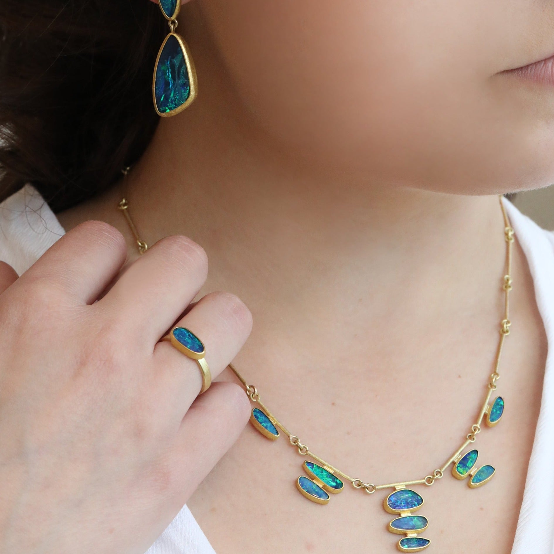 Australian Opal Doublet Necklace on 22K Gold Handmade Bar Chain - Peridot Fine Jewelry - Petra Class