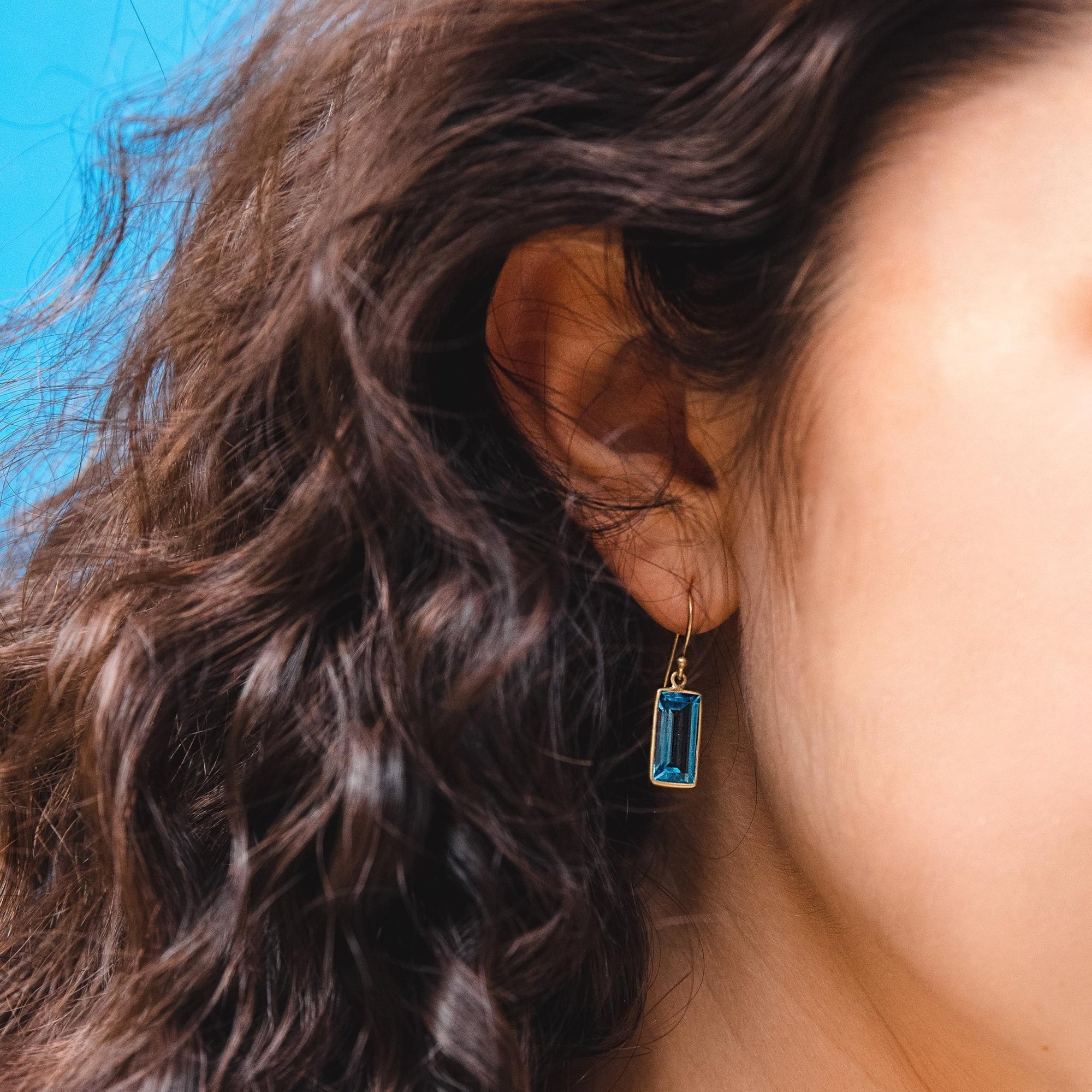 Bezel-Set Medium Blue Topaz Baguette Earrings - Peridot Fine Jewelry - Kothari