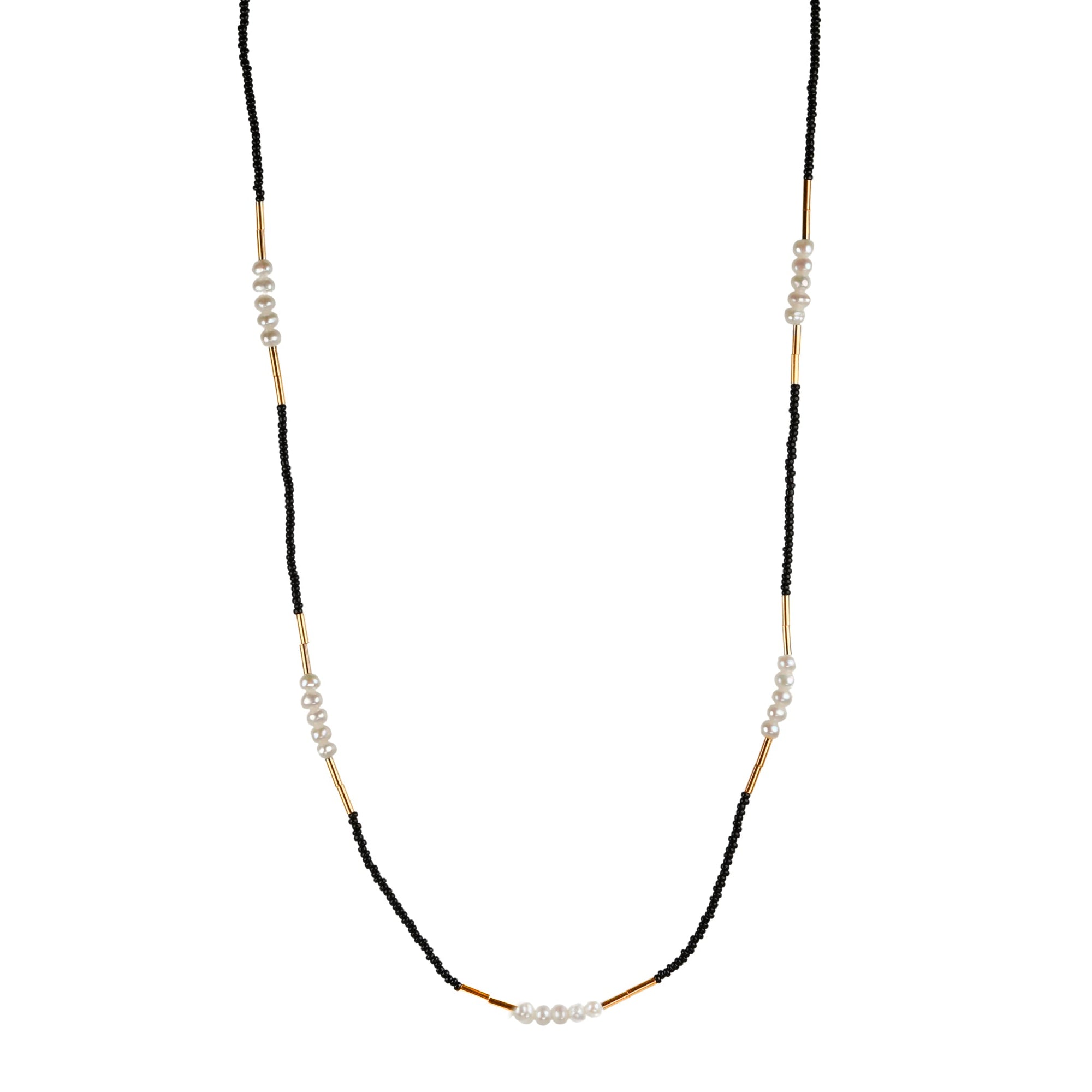 Black Seed Bead, 2 Pearl &amp; Gold Vermeil Tube Bead Station Necklace - Peridot Fine Jewelry - Debbie Fisher