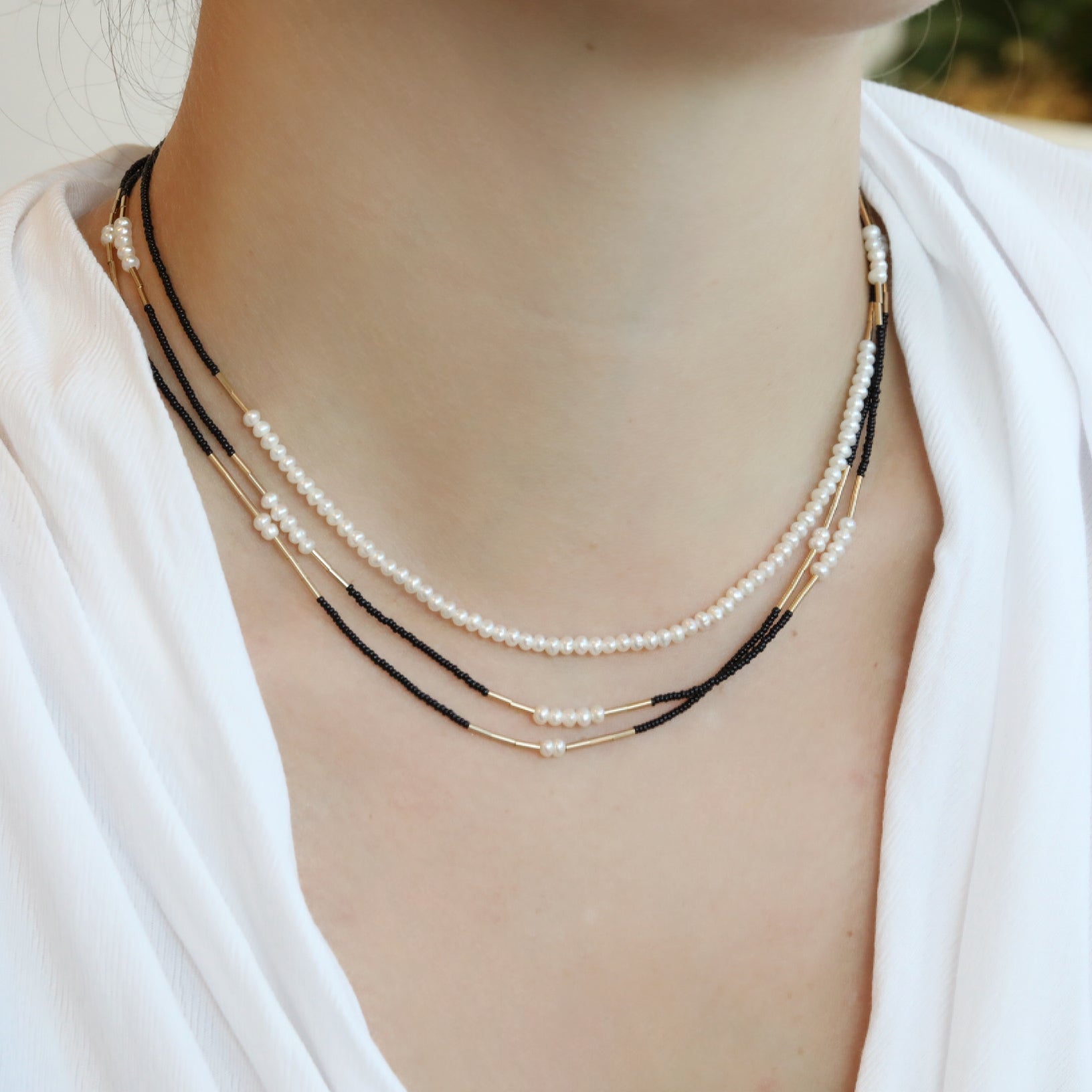 Black Seed Bead, 2 Pearl &amp; Gold Vermeil Tube Bead Station Necklace
