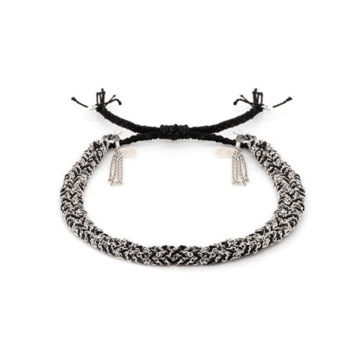 Black Silk and Silver Chain Woven Bracelet - Peridot Fine Jewelry - Marie Laure Chamorel