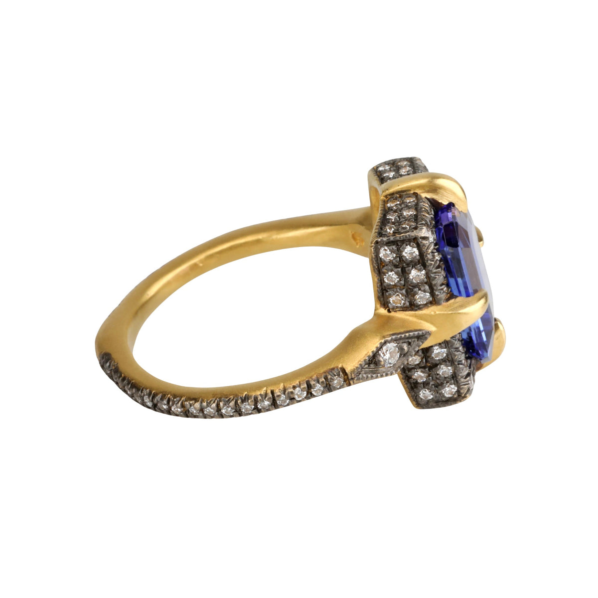 Blackened 22k "Venus" Ring with Rectangular Tanzanite Center &amp; Diamond Details - Peridot Fine Jewelry - Cathy Waterman