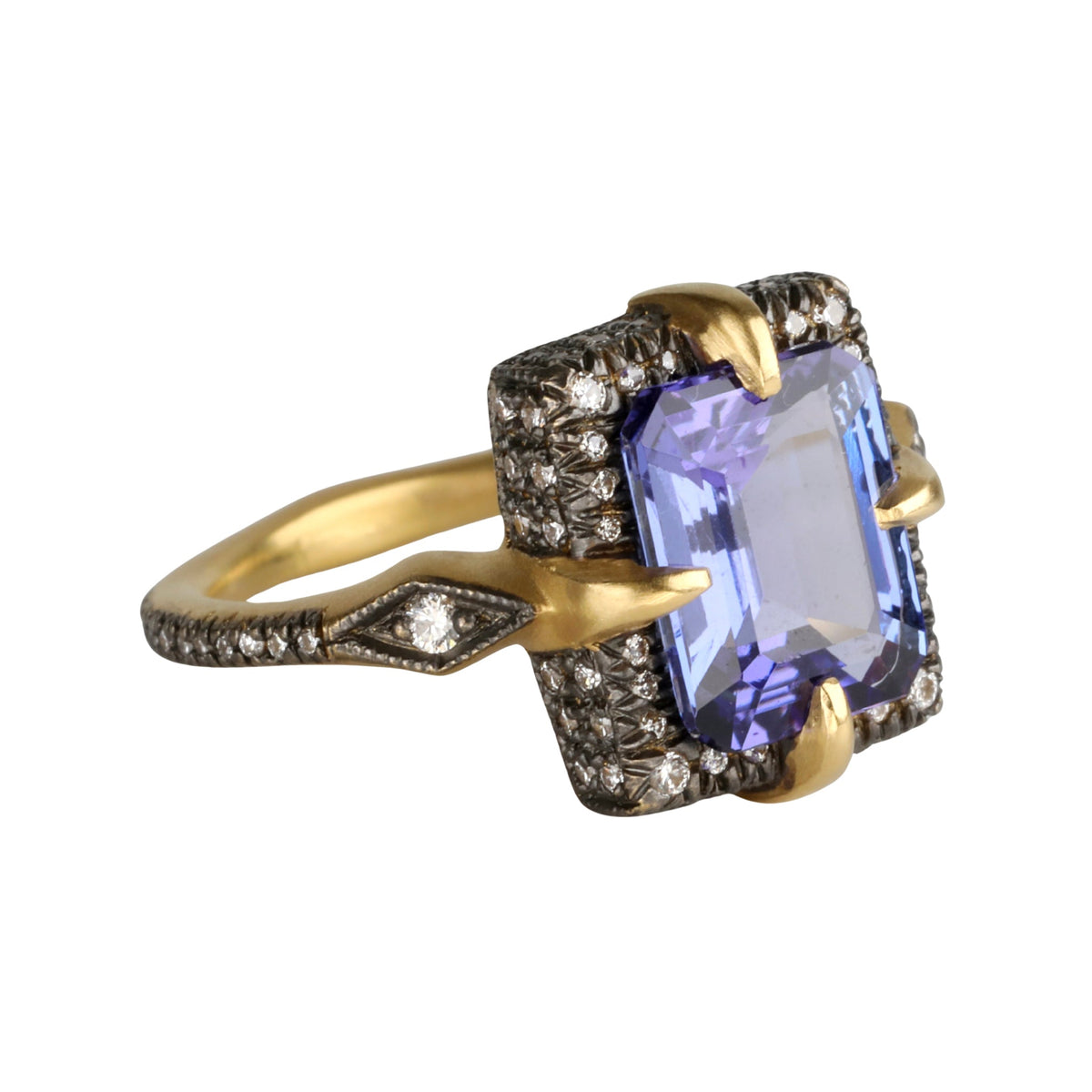 Blackened 22k "Venus" Ring with Rectangular Tanzanite Center &amp; Diamond Details - Peridot Fine Jewelry - Cathy Waterman