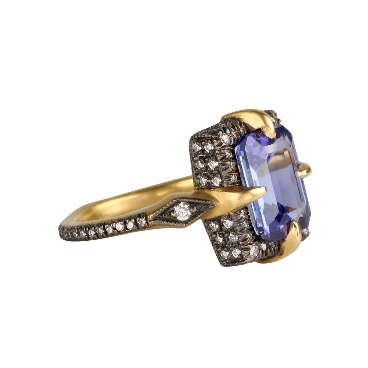 Blackened 22k "Venus" Ring with Rectangular Tanzanite Center &amp; Diamond Details - Peridot Fine Jewelry - Cathy Waterman