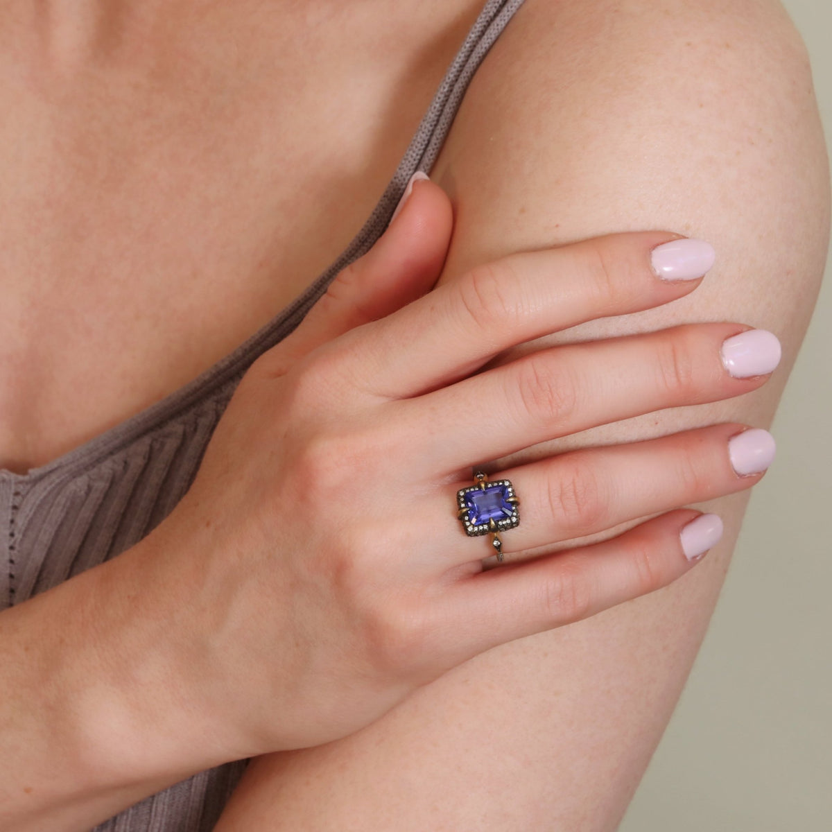 Blackened 22k "Venus" Ring with Rectangular Tanzanite Center &amp; Diamond Details - Peridot Fine Jewelry - Cathy Waterman