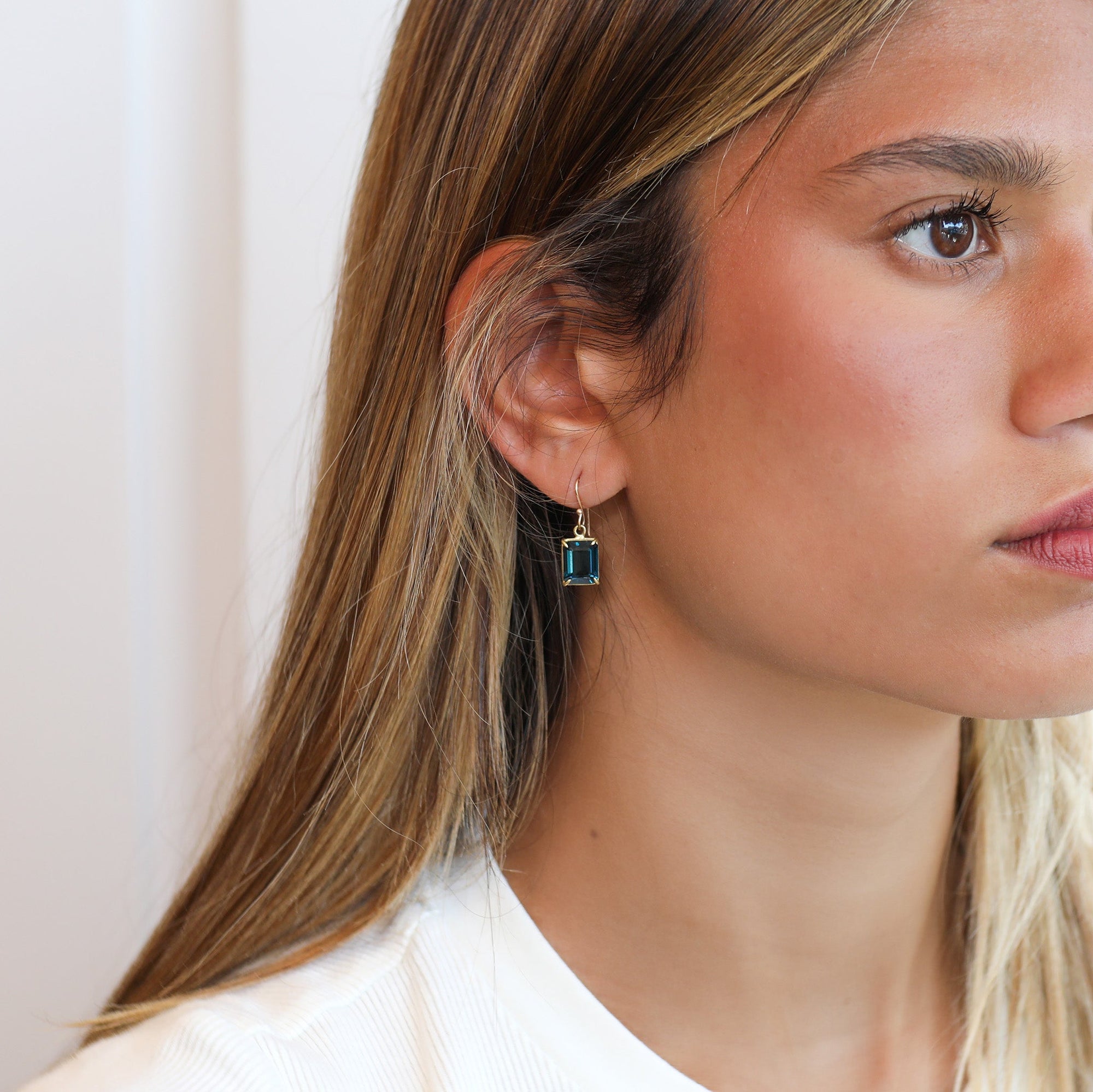 Blue Topaz Emerald Cut Earrings - Peridot Fine Jewelry - Rosanne Pugliese