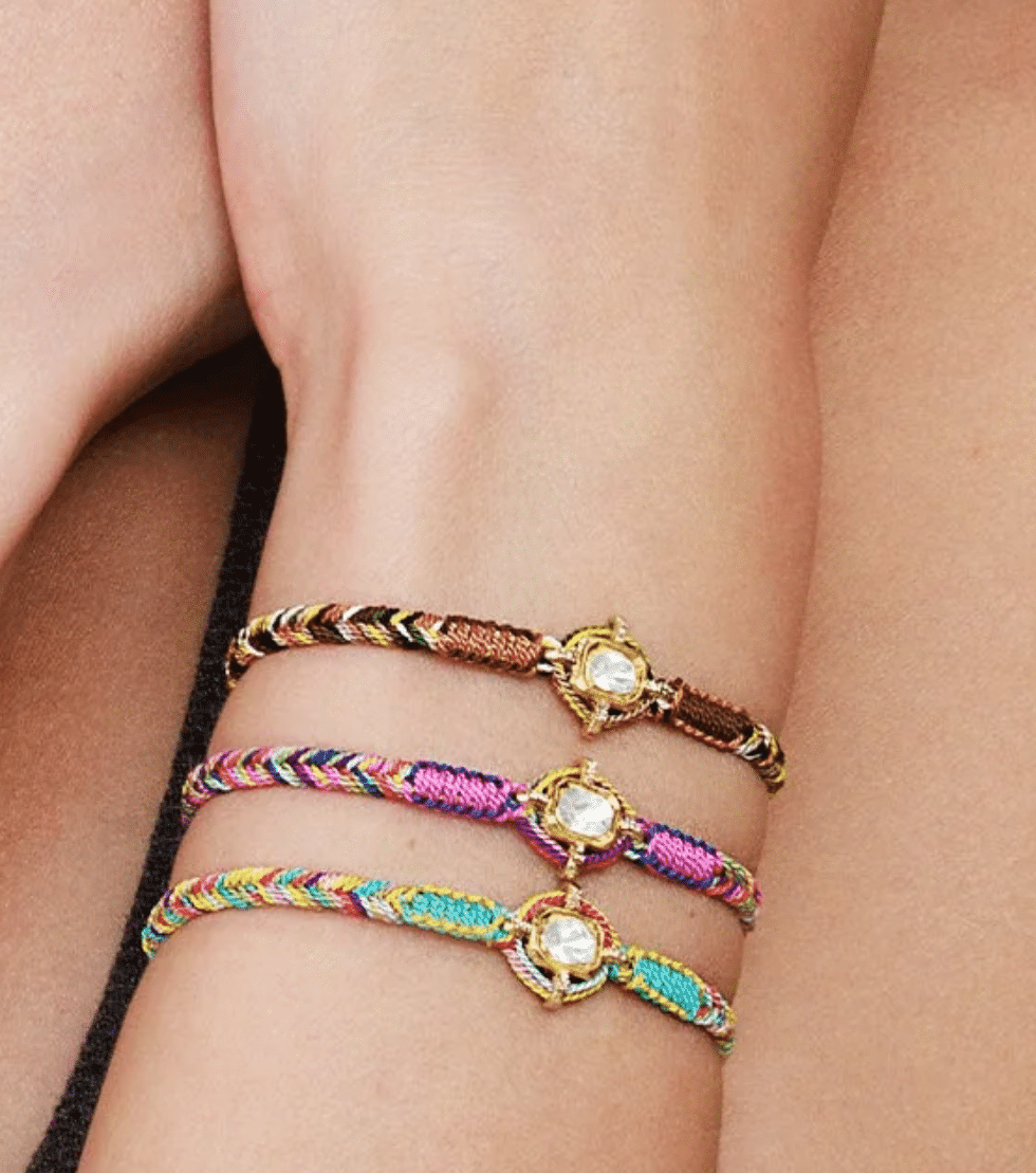 Brown Mix Macramé Bracelet with Center Vermeil Rectangular Bezel-Set Asymmetrical Diamond Charm - Peridot Fine Jewelry - Marie Laure Chamorel