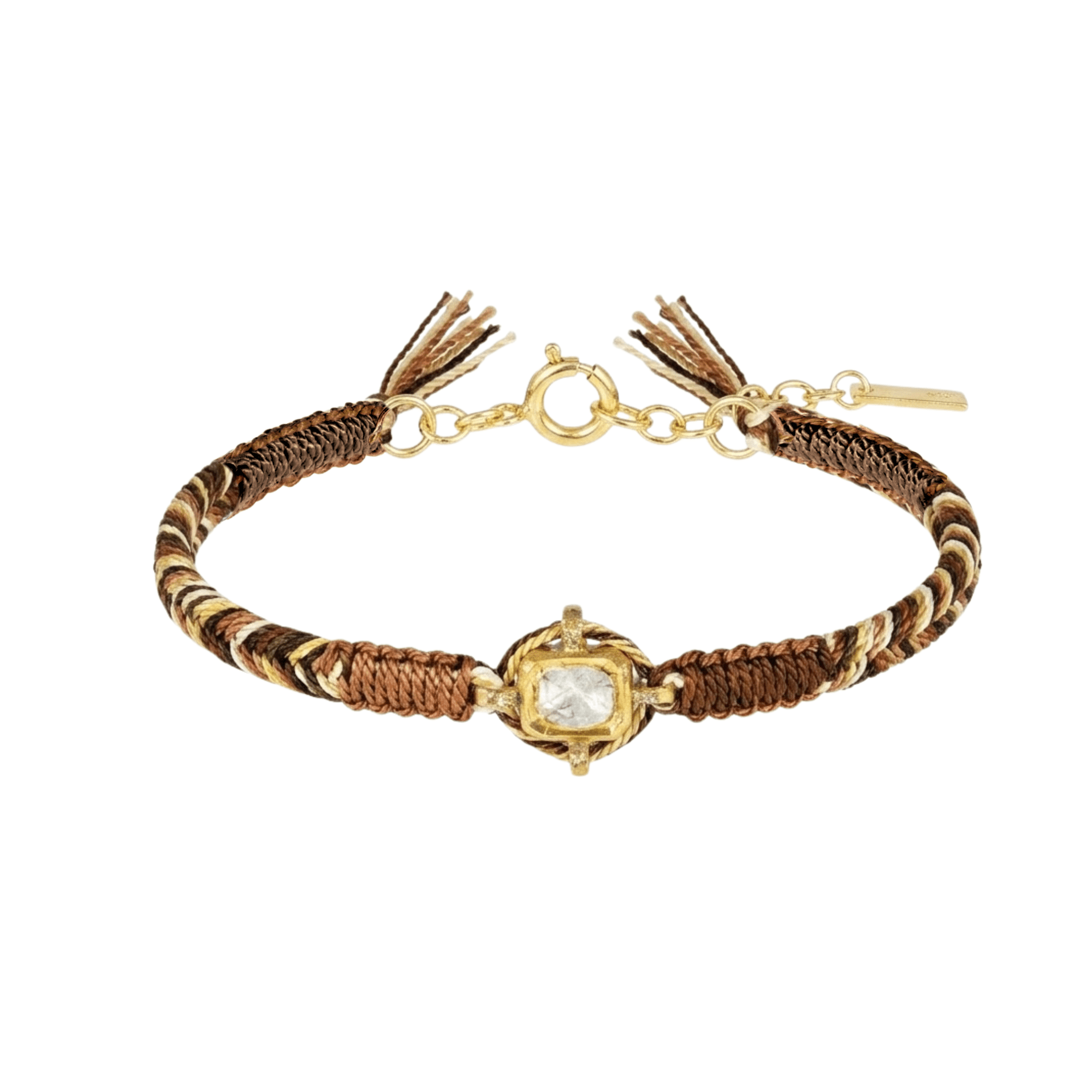 Brown Mix Macramé Bracelet with Center Vermeil Rectangular Bezel-Set Asymmetrical Diamond Charm - Peridot Fine Jewelry - Marie Laure Chamorel
