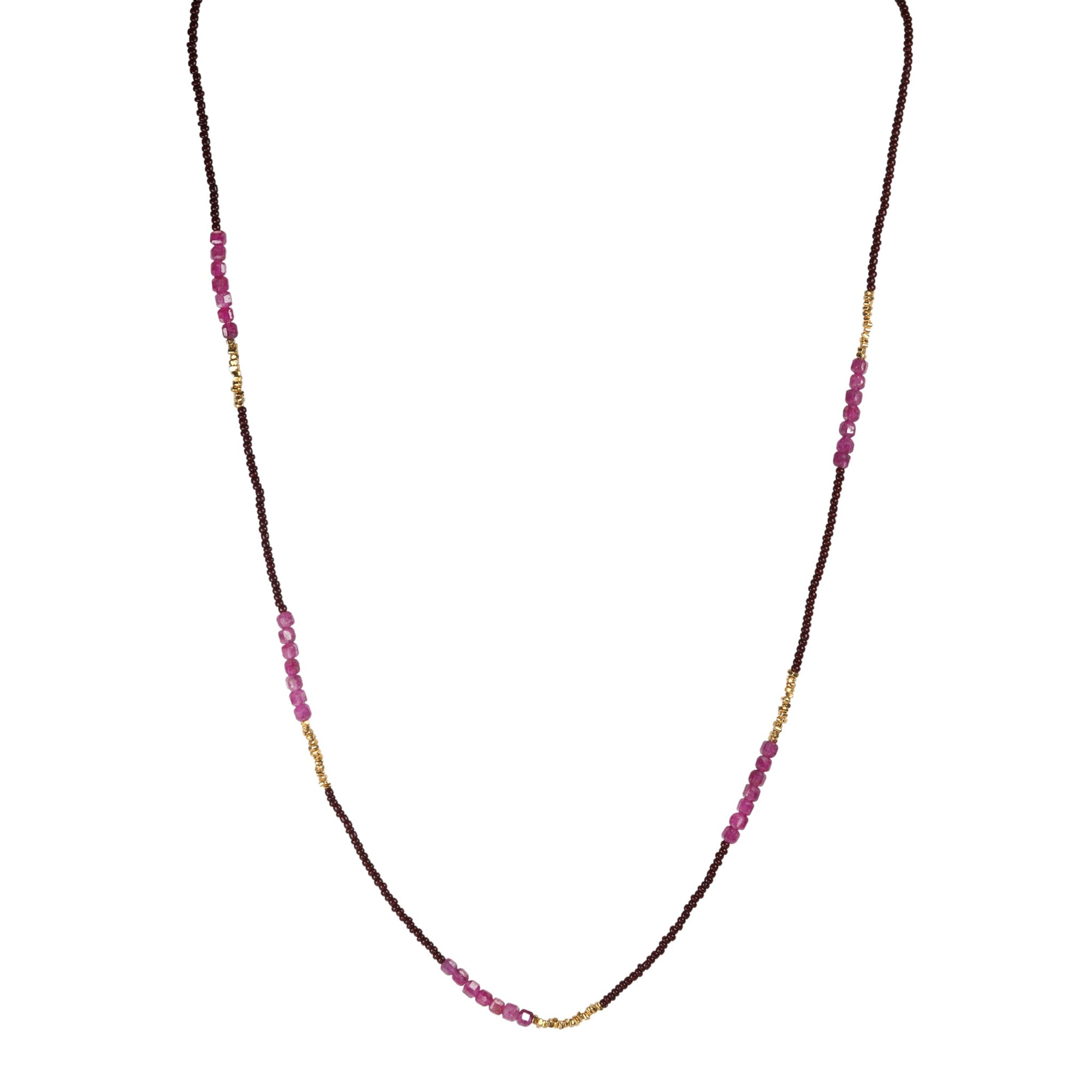 Brown Seed Bead Necklace with Ruby &amp; Gold Vermeil Beaded Stations - Peridot Fine Jewelry - Debbie Fisher