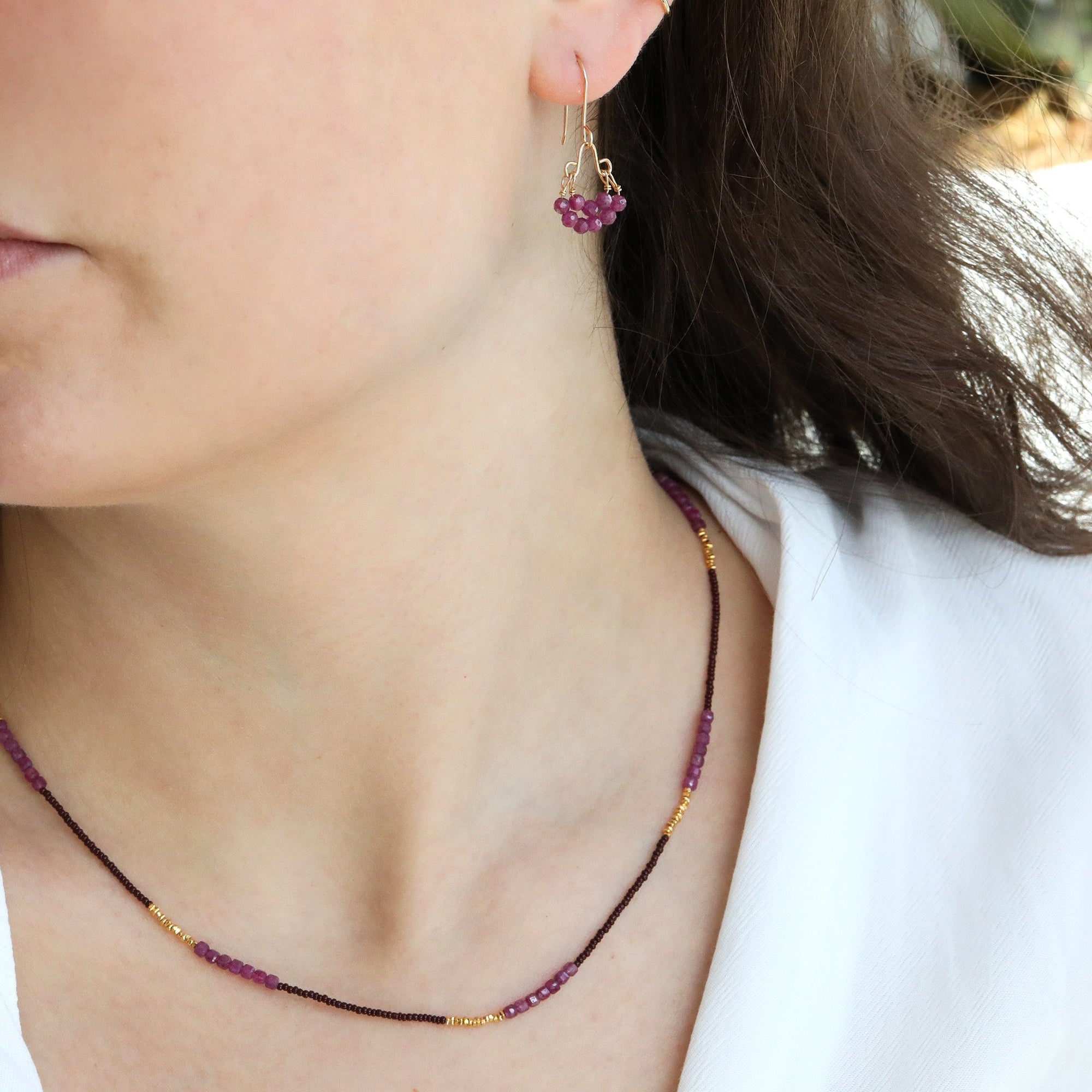 Brown Seed Bead Necklace with Ruby &amp; Gold Vermeil Beaded Stations - Peridot Fine Jewelry - Debbie Fisher