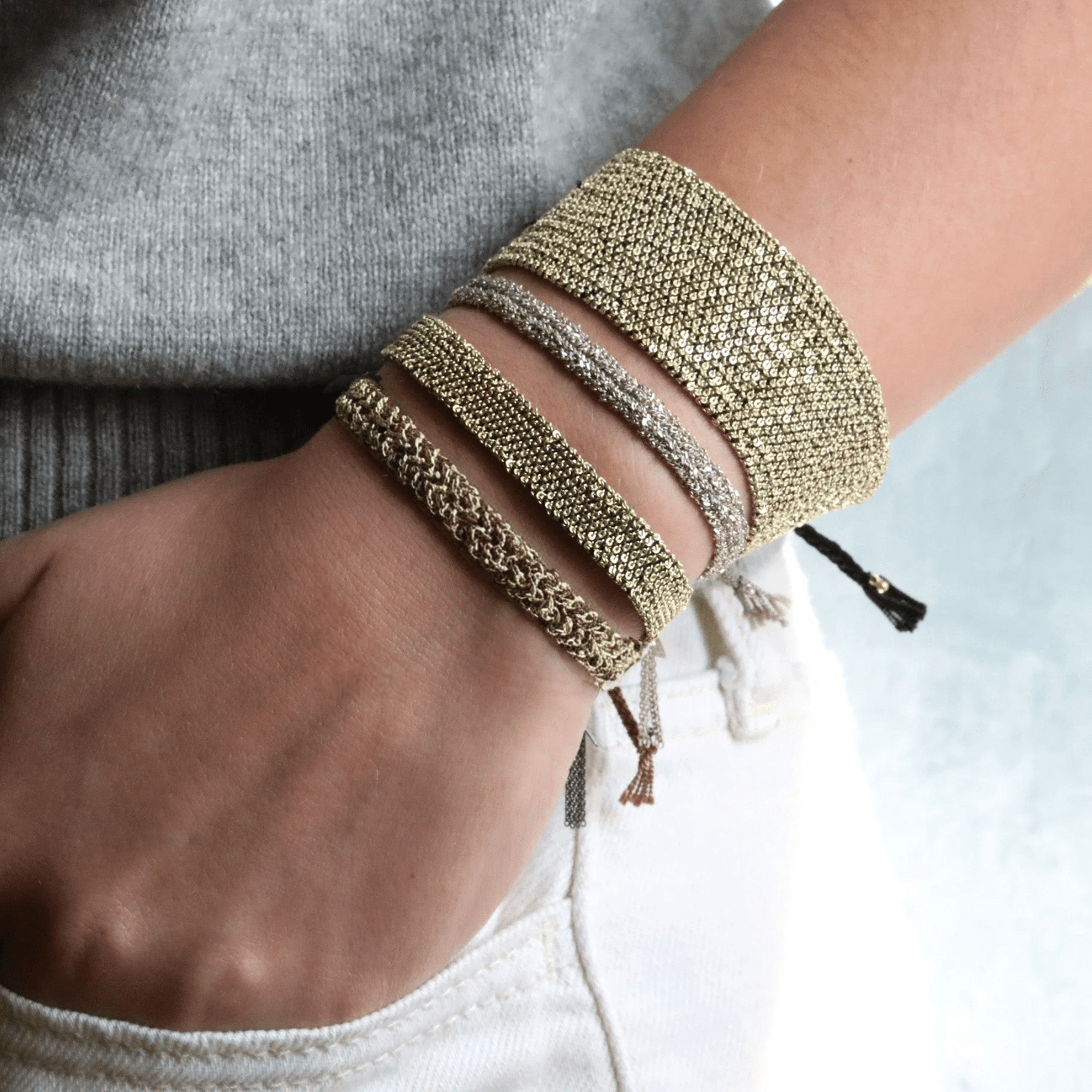 Brown Silk and Vermeil Chain Woven Bracelet - Peridot Fine Jewelry - Marie Laure Chamorel